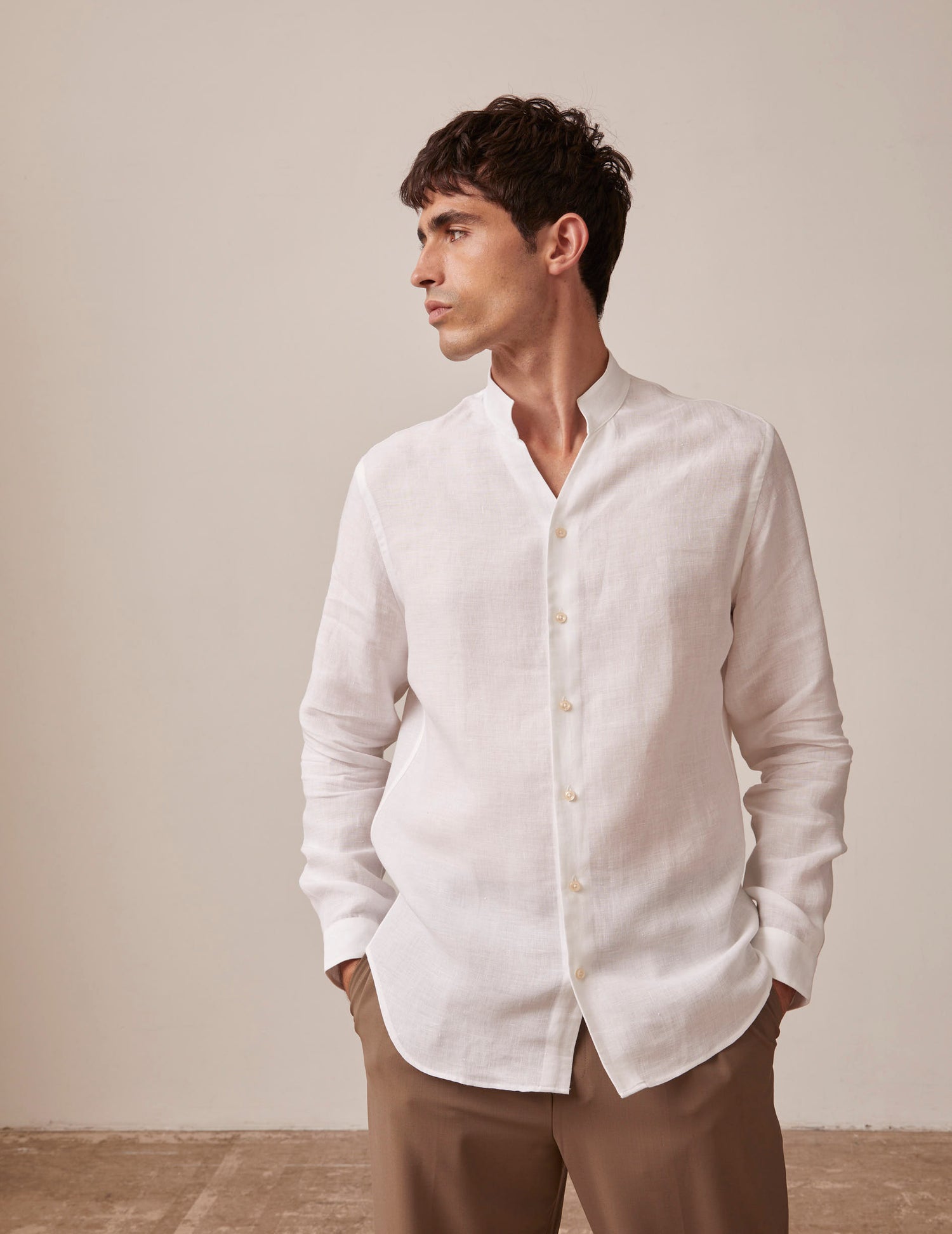 white linen Carl shirt - Linen - Open straight Collar