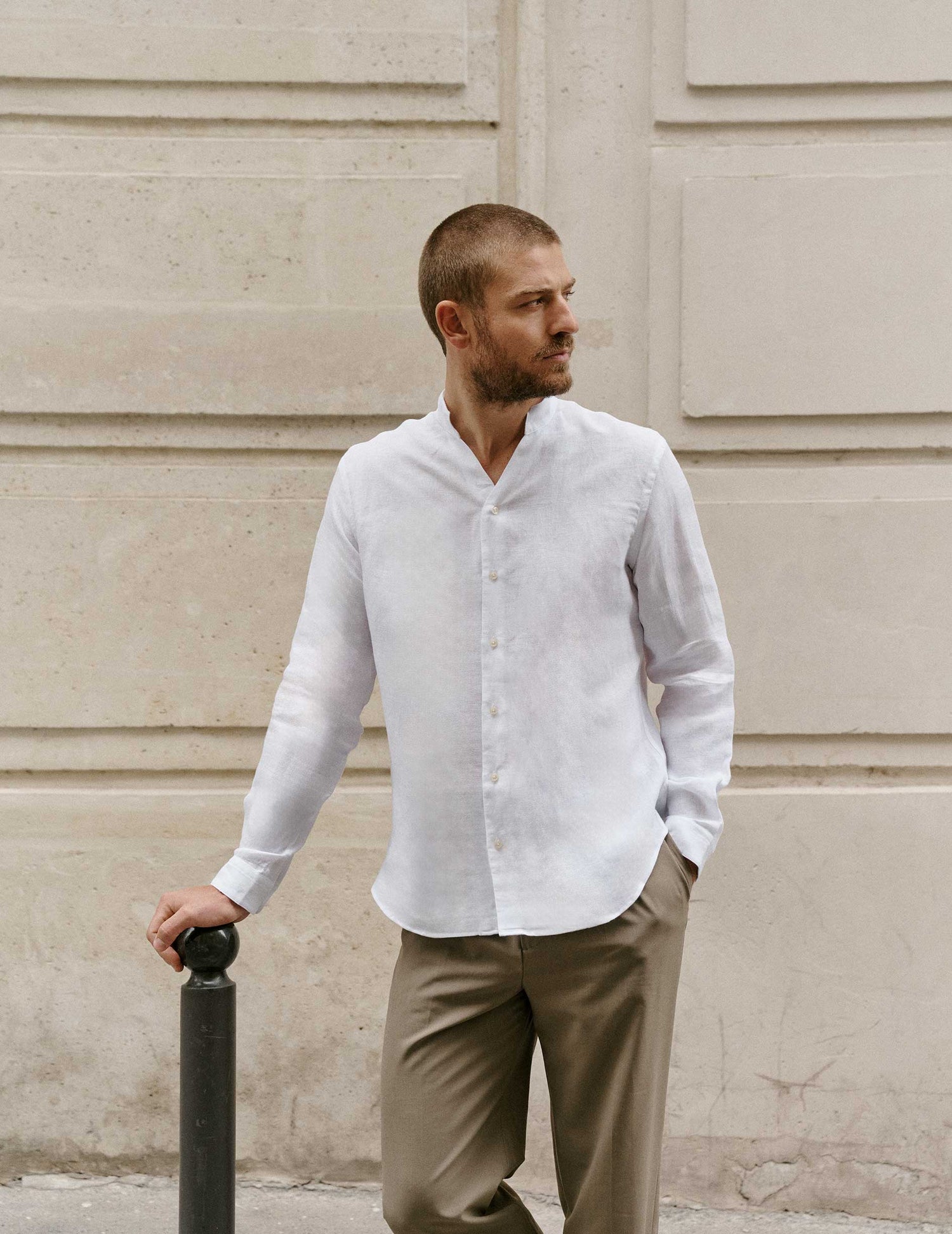 Carl white linen shirt - Linen - Open straight Collar#2