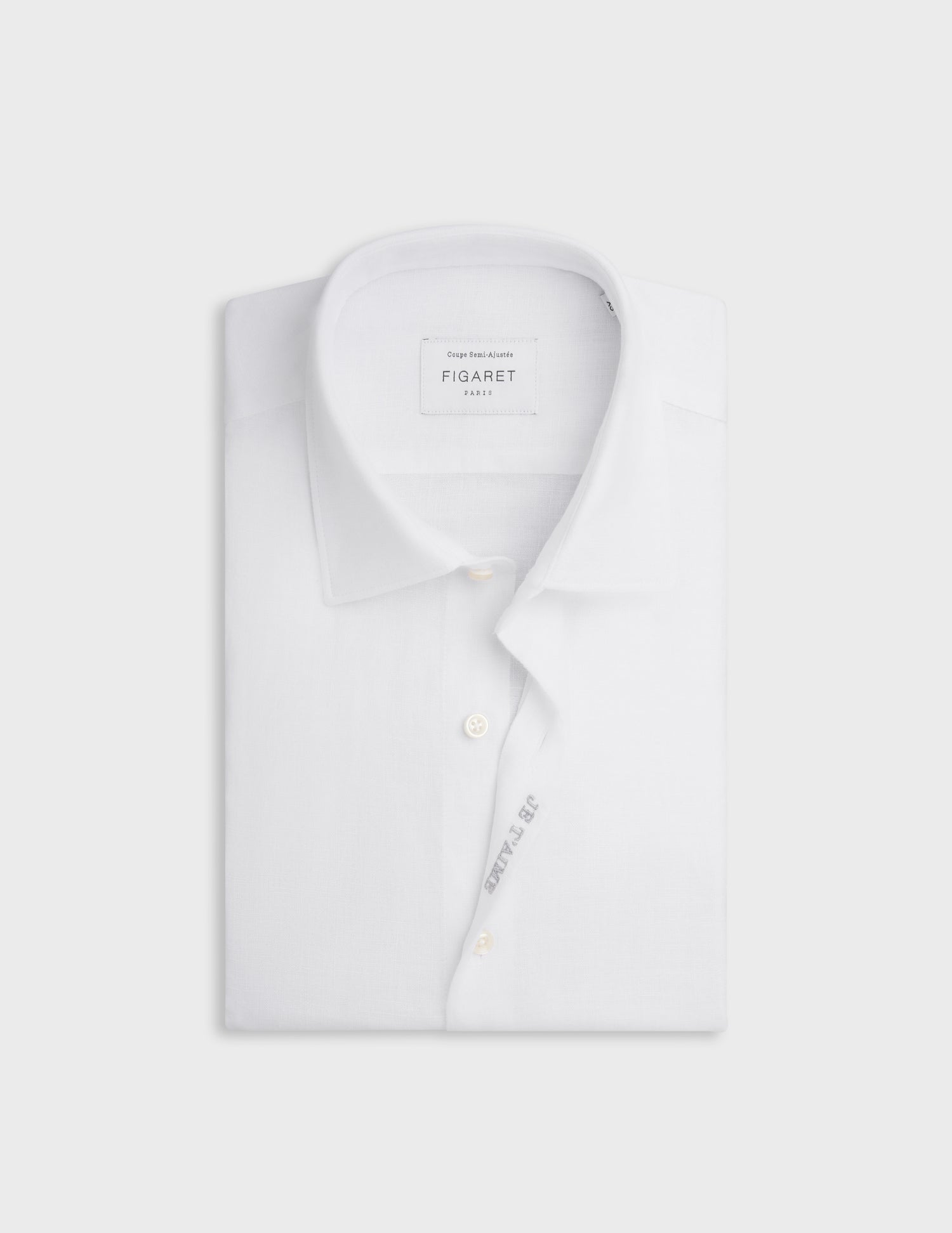 White linen "Je t'aime" shirt with grey embroidery - Linen - Figaret Collar#7