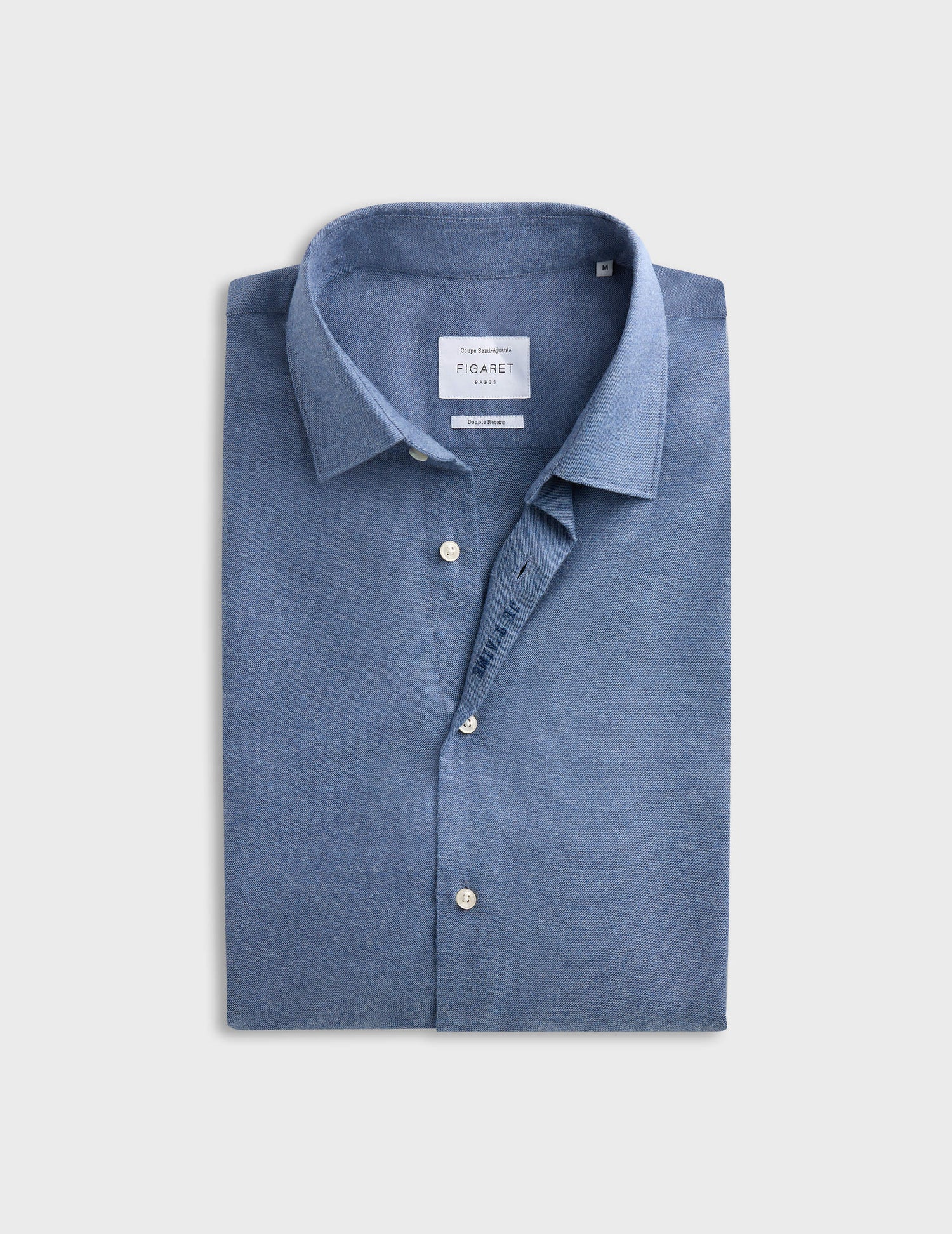 Chemise mixte "je t'aime" en coton et cachemire bleu - Flanelle - Col Figaret#9