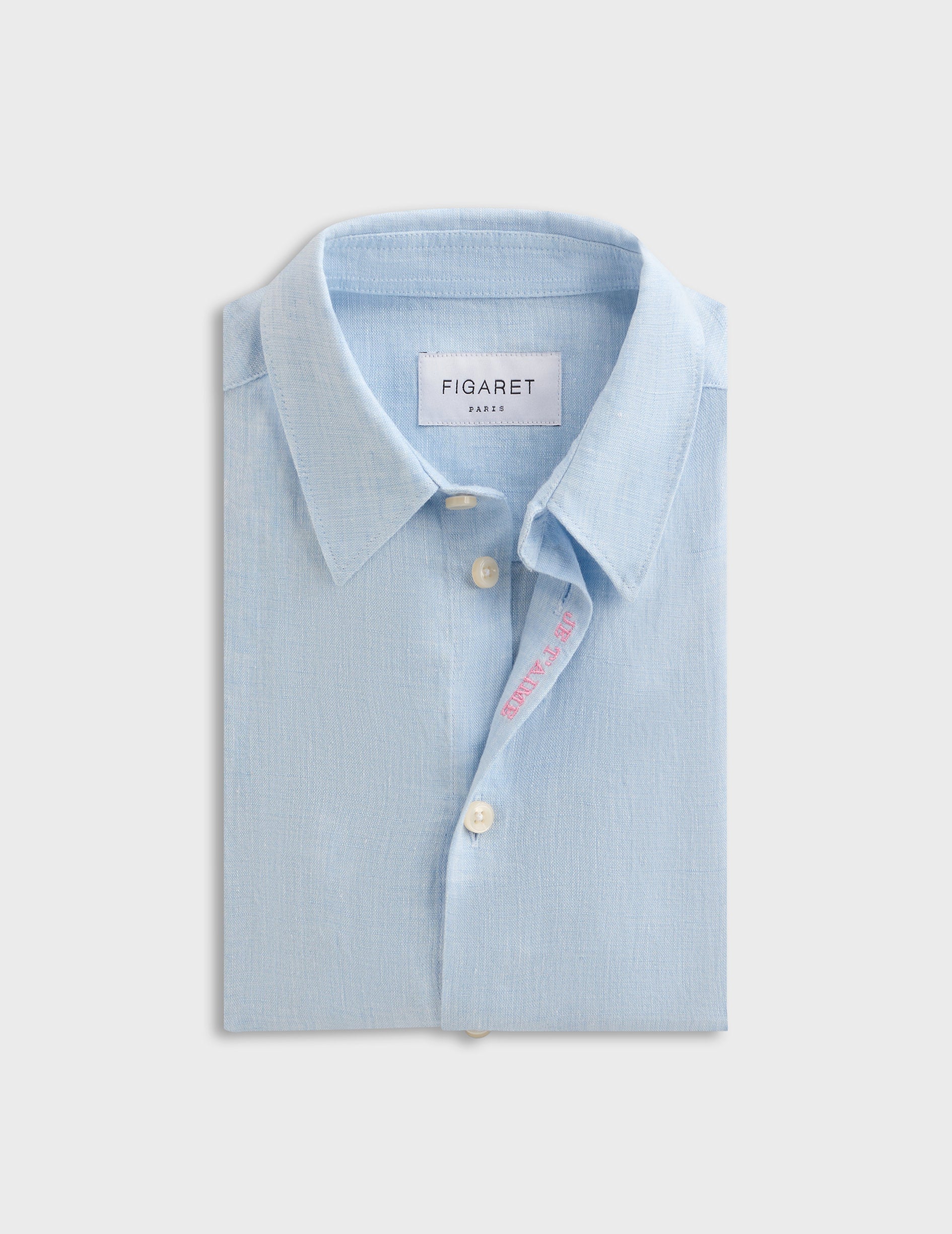 Children's blue "je t'aime" shirt with pink embroidery - Linen - Figaret Collar