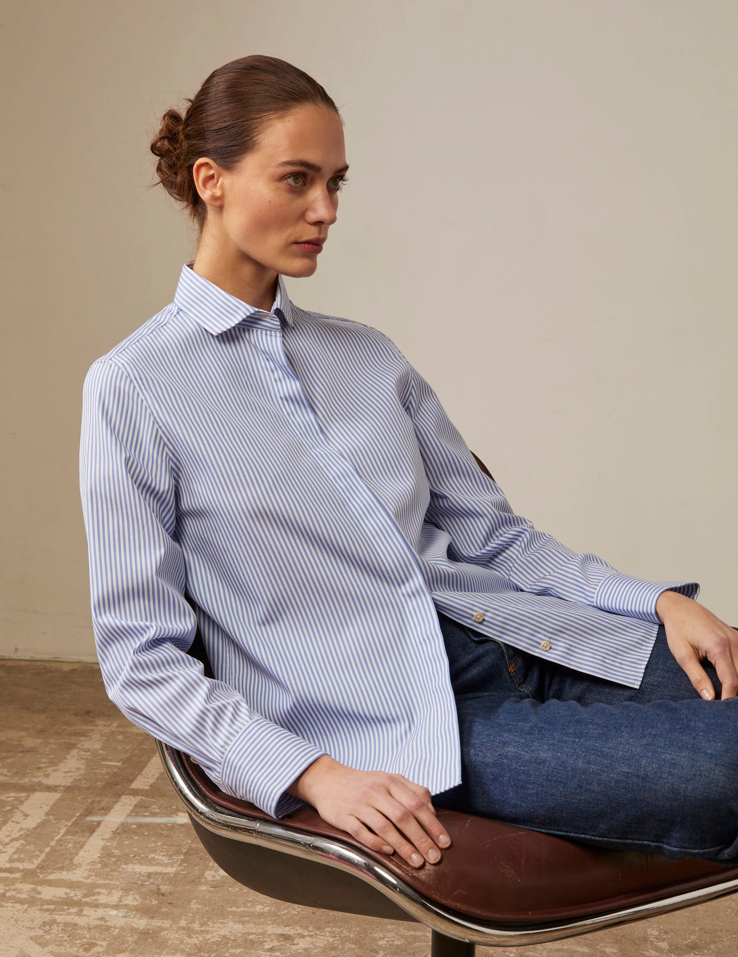 blue Striped hidden throat Caroline shirt - Poplin - Italian Collar