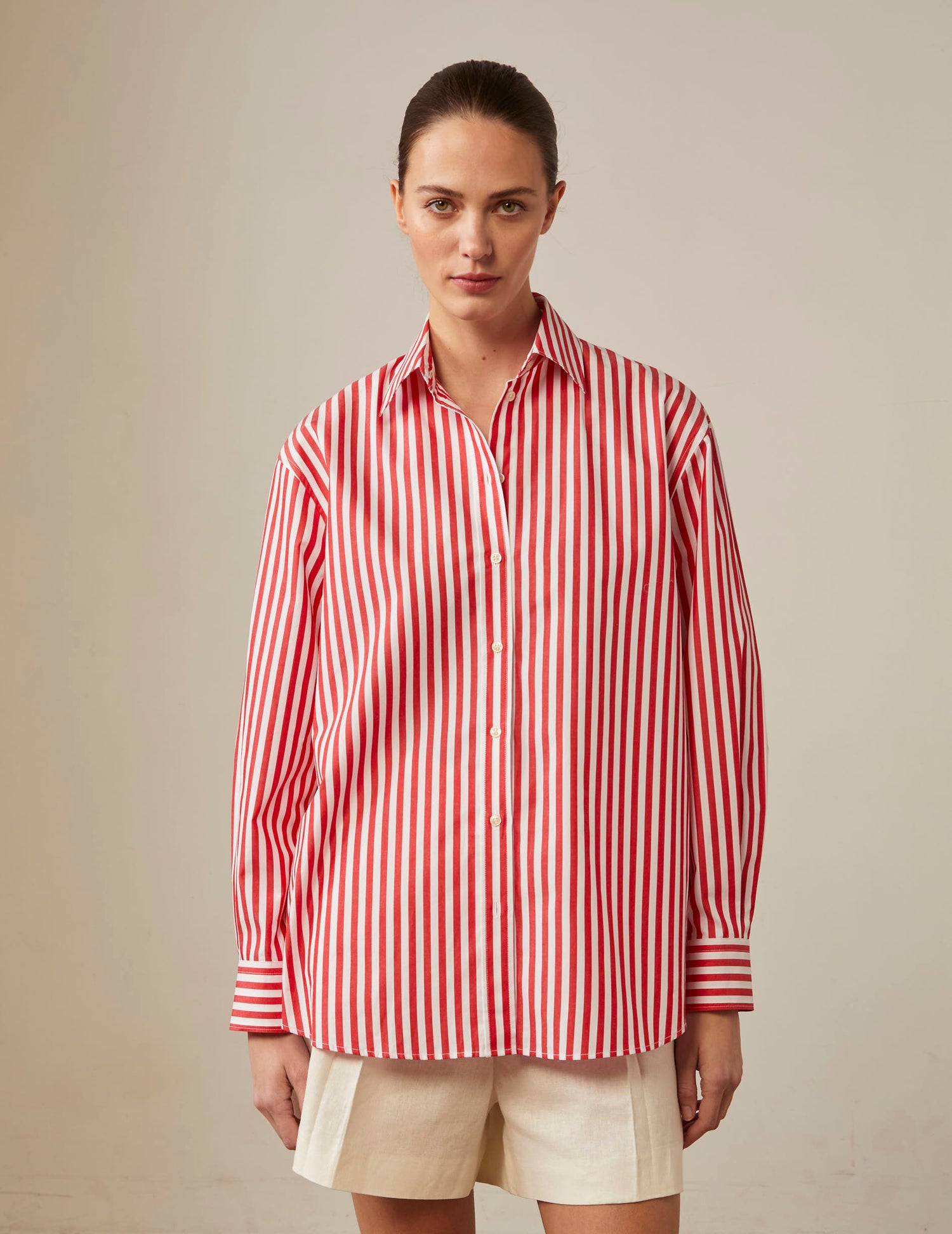 Oversized red striped Delina shirt - Poplin - Shirt Collar#4