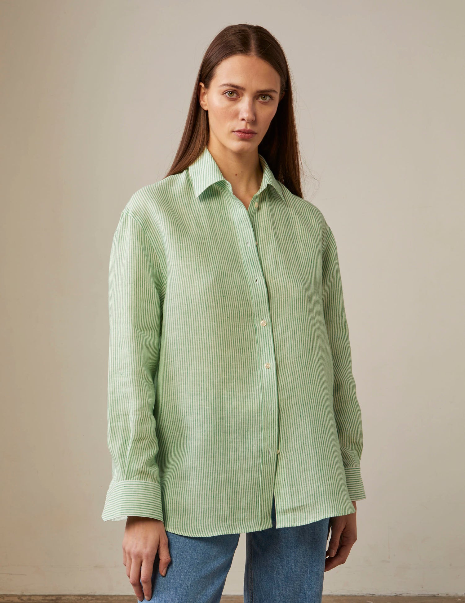 Delina oversized green linen striped shirt - Linen - Shirt Collar#3