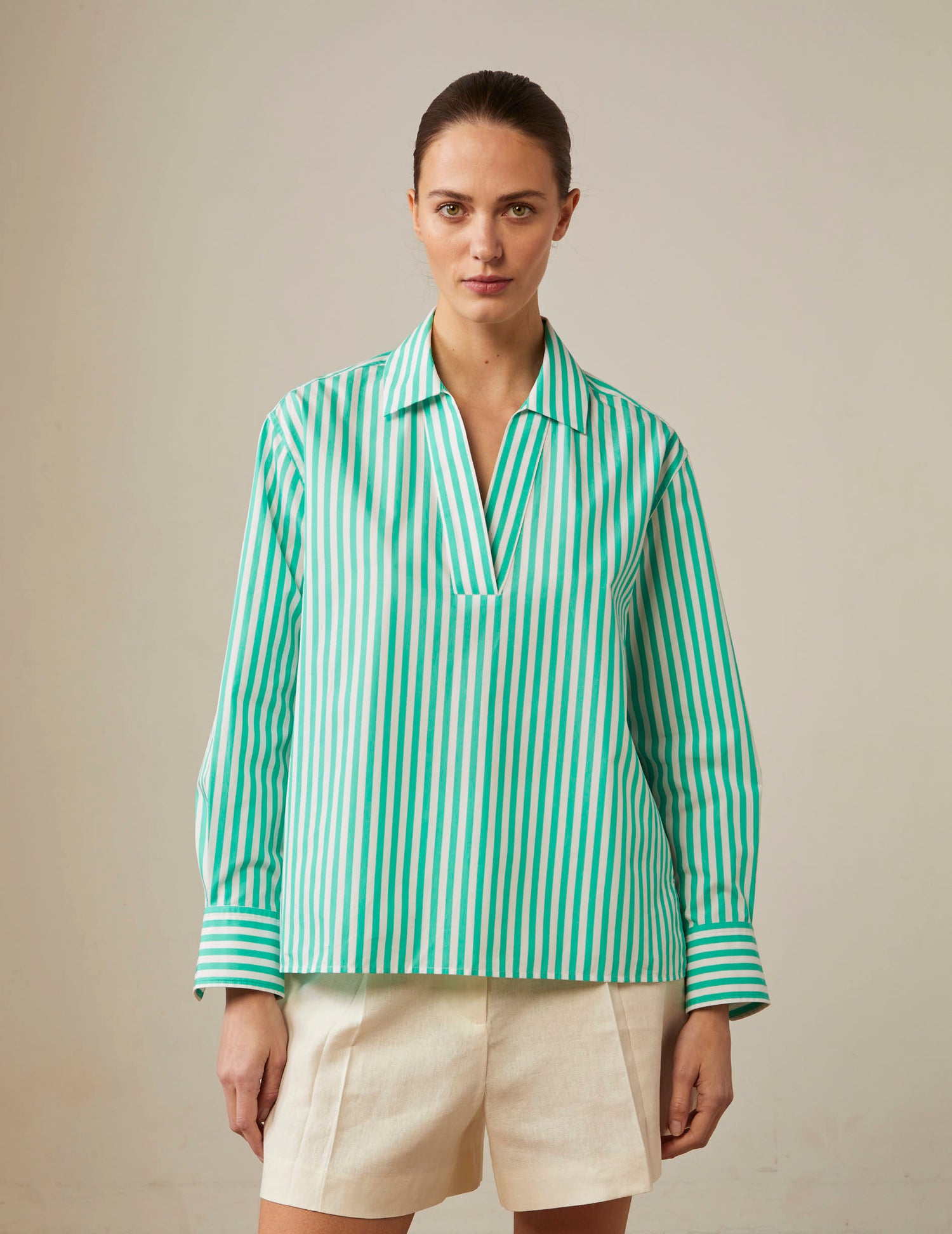 Striped light green Harmelle blouse - Poplin - V Collar#3