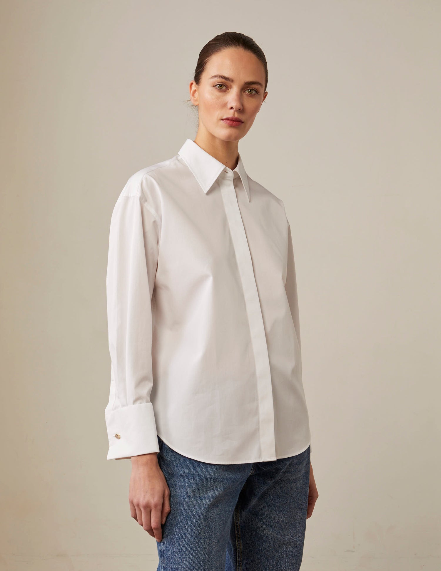 White Hillie hidden throat Shirt - Poplin - French Cuffs#2