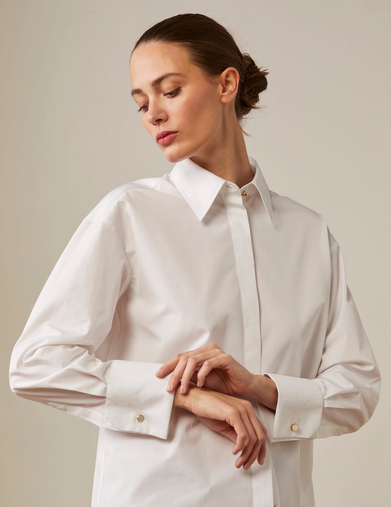 White hidden throat Hillie Shirt - Poplin - French Cuffs