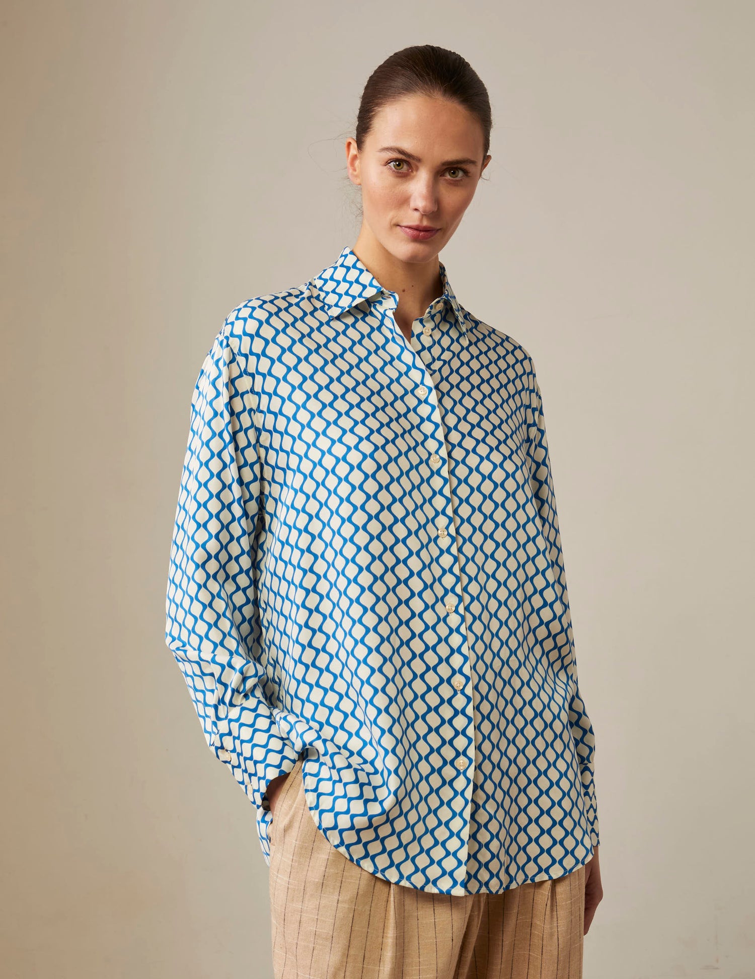 Chemise oversize Mathilde imprimée bleue - Viscose - Col Chemise