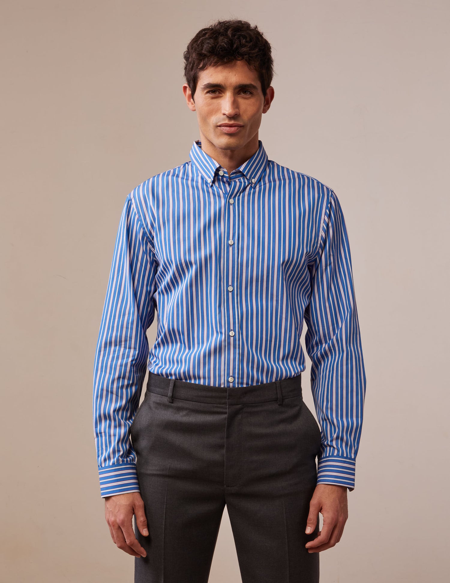 Chemise semi-ajustée rayée bleue - Popeline - Col Américain#5