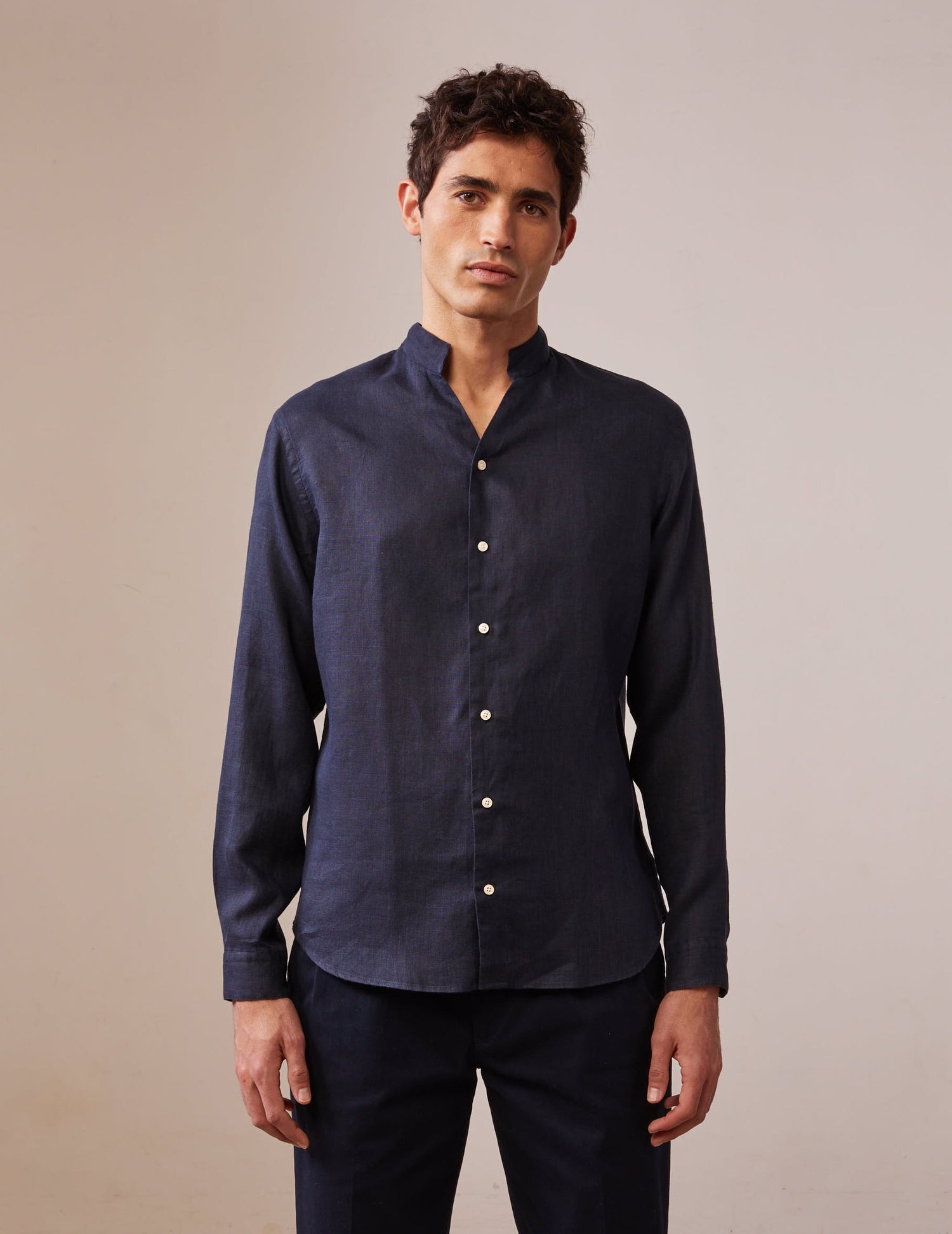 Navy linen Carl shirt - Linen - Open straight  Collar#3