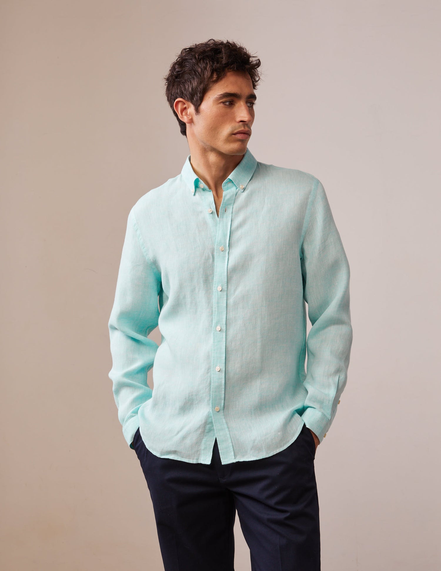 Chemise Gaspard en lin vert turquoise - Lin - Col Américain