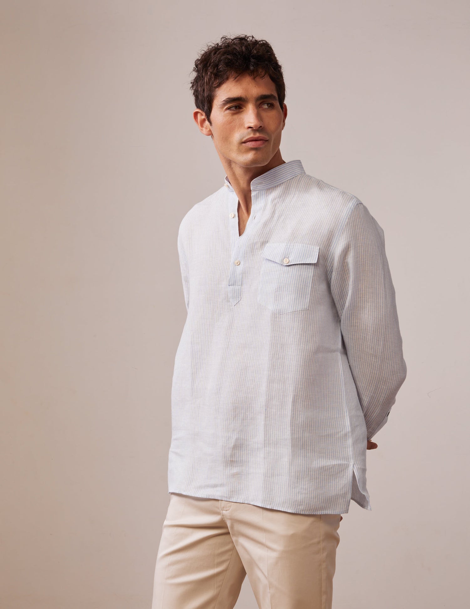 Hilario shirt in light blue striped linen - Linen - Officer Collar#3