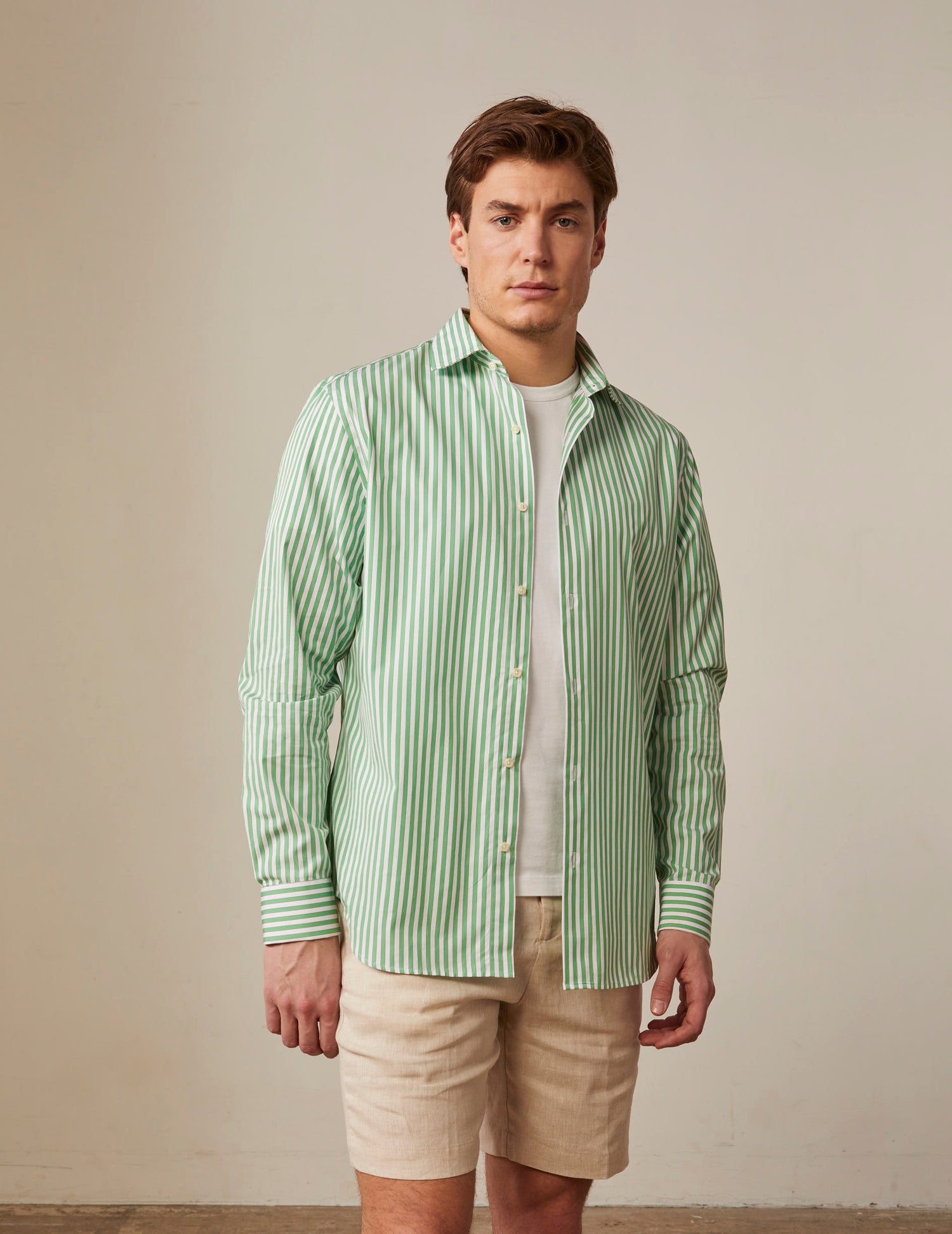 Chemise semi-ajustée rayée verte - Popeline - Col Italien#5
