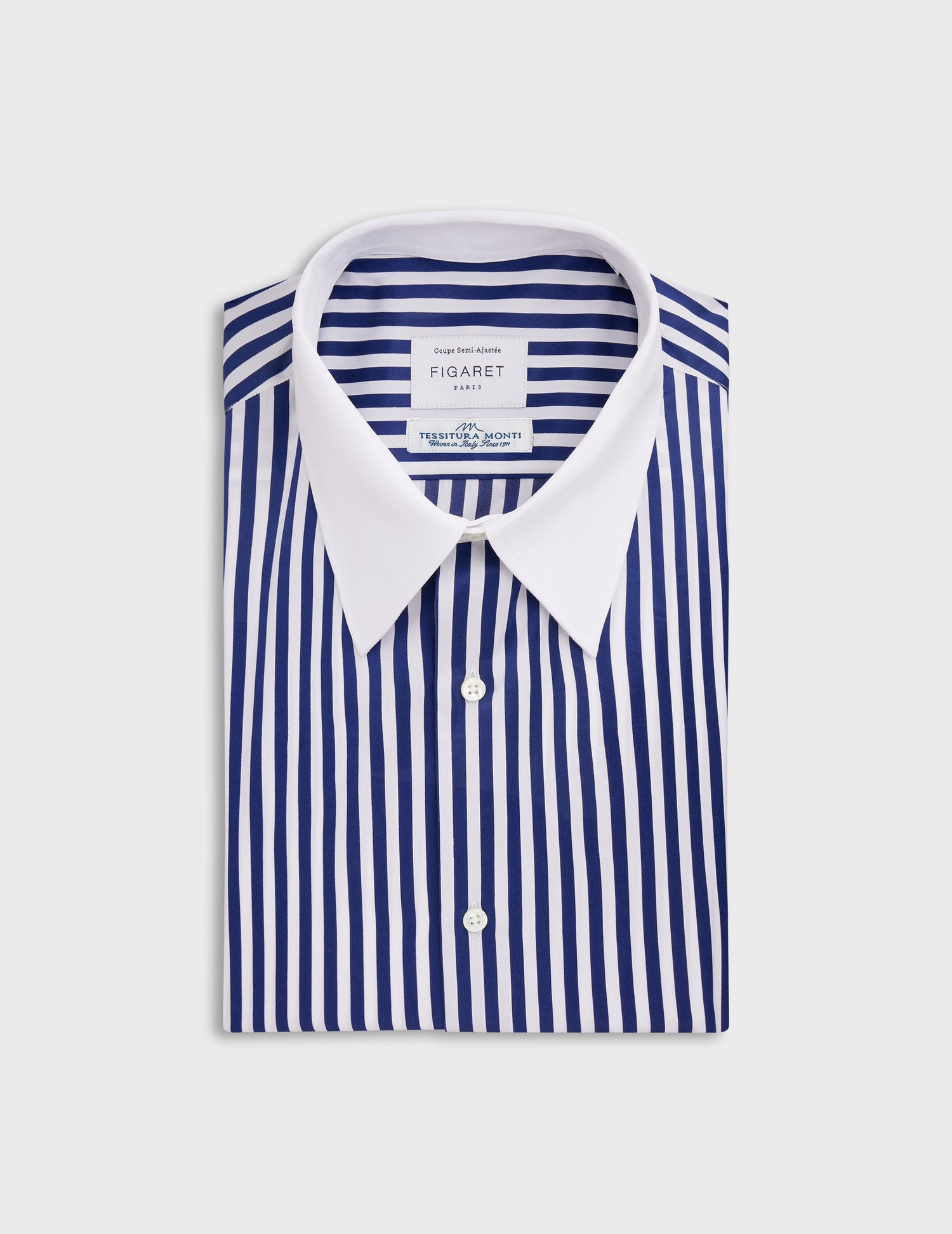 Striped navy semi-fitted shirt - Poplin - Majestic Collar