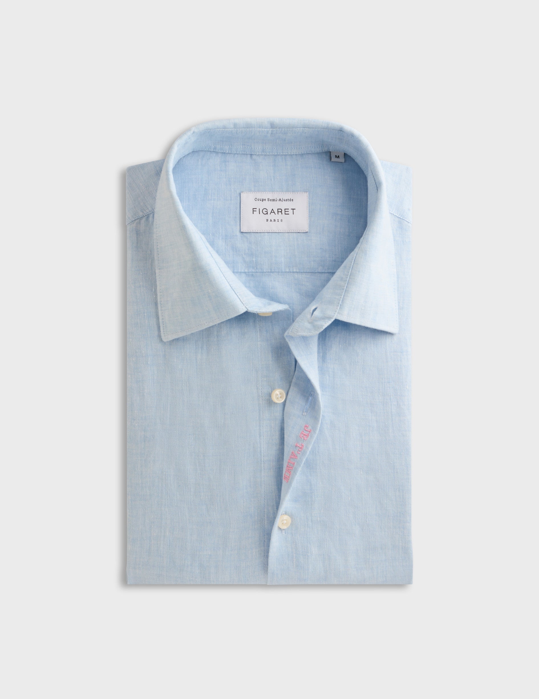 Blue unisex "je t'aime" shirt with pink embroidery - Linen - Figaret Collar