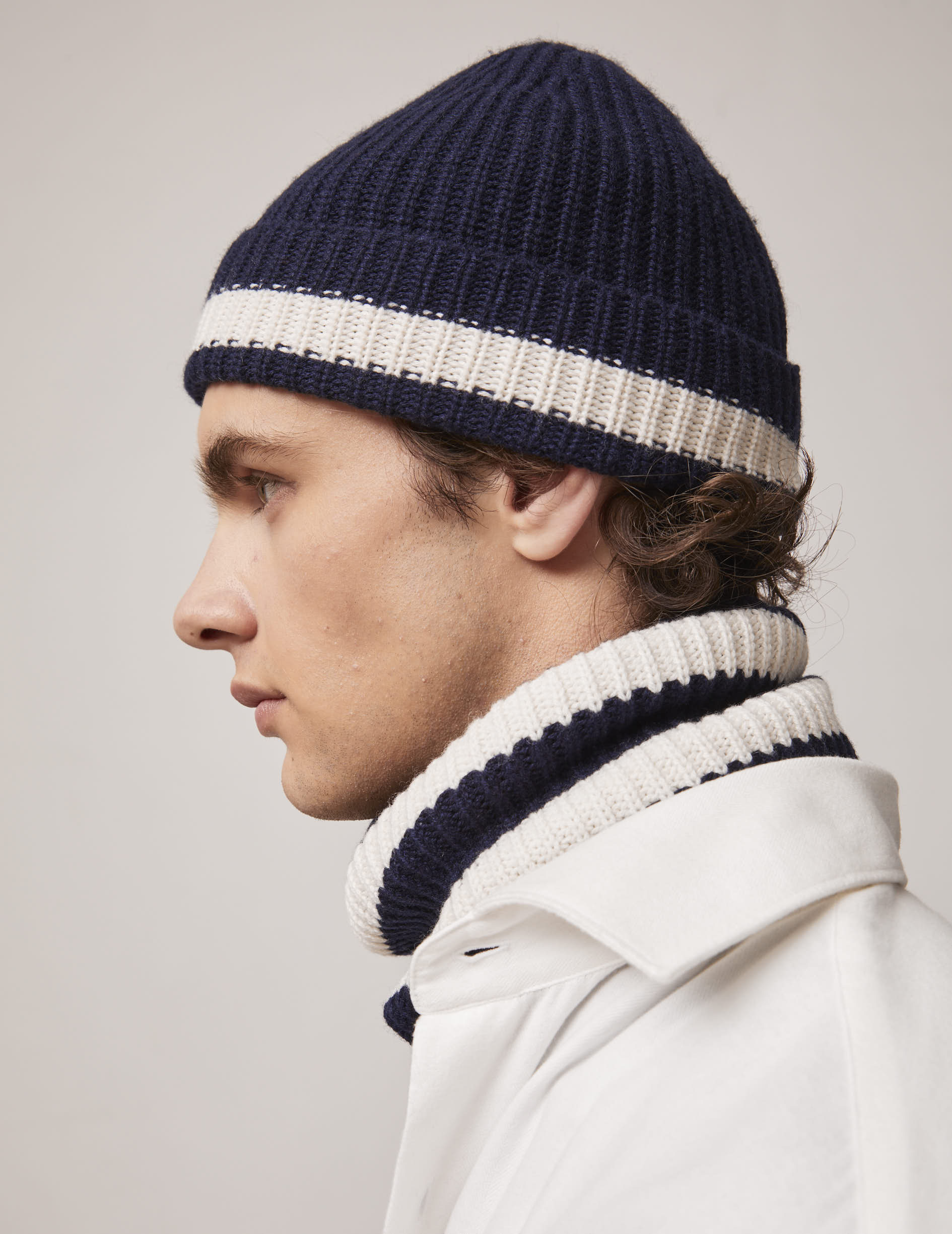 Navy and ecru knitted hat