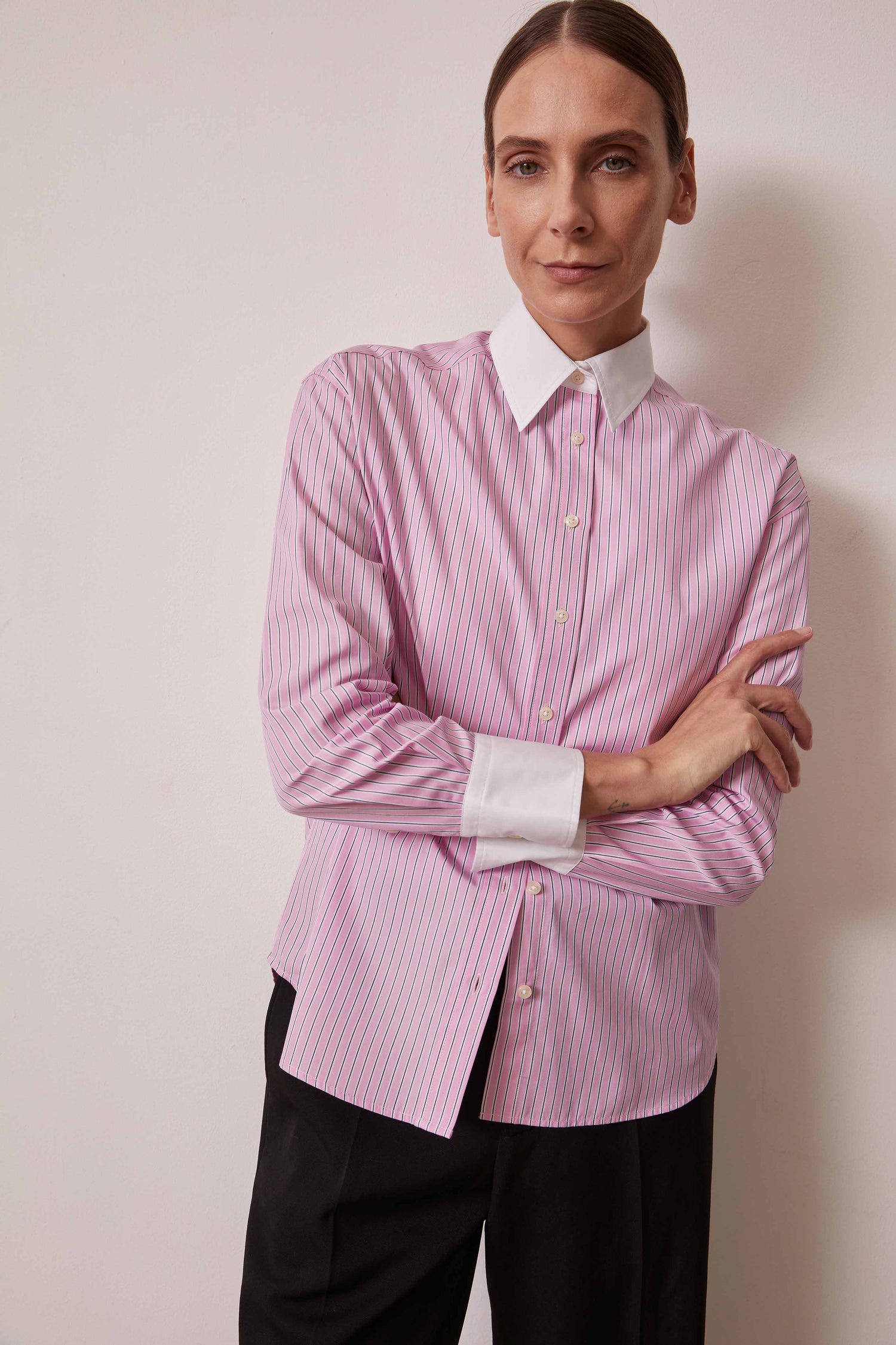 Pink striped Amber shirt - Poplin - Shirt Collar#4