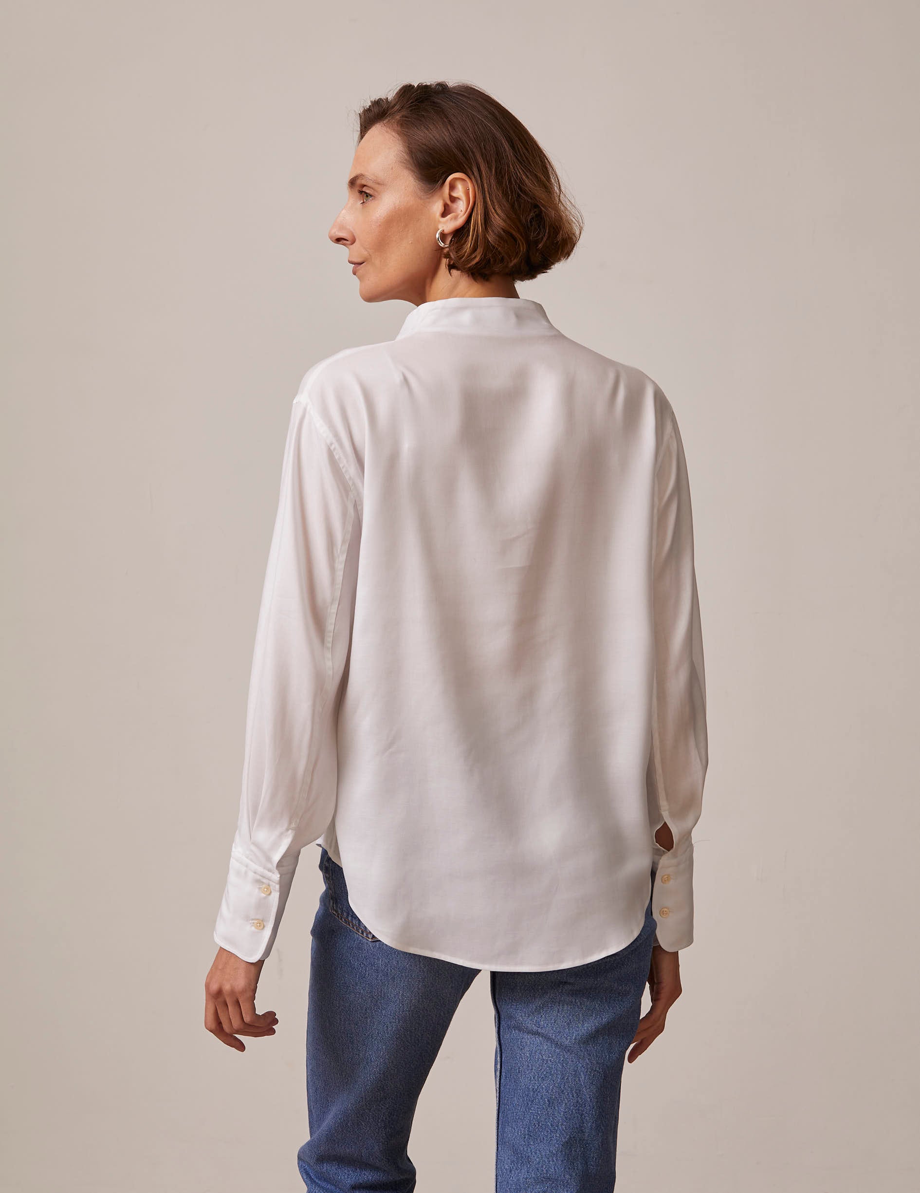 Ilena Hidden button placket white shirt - Lyocell - Rising shawl Collar