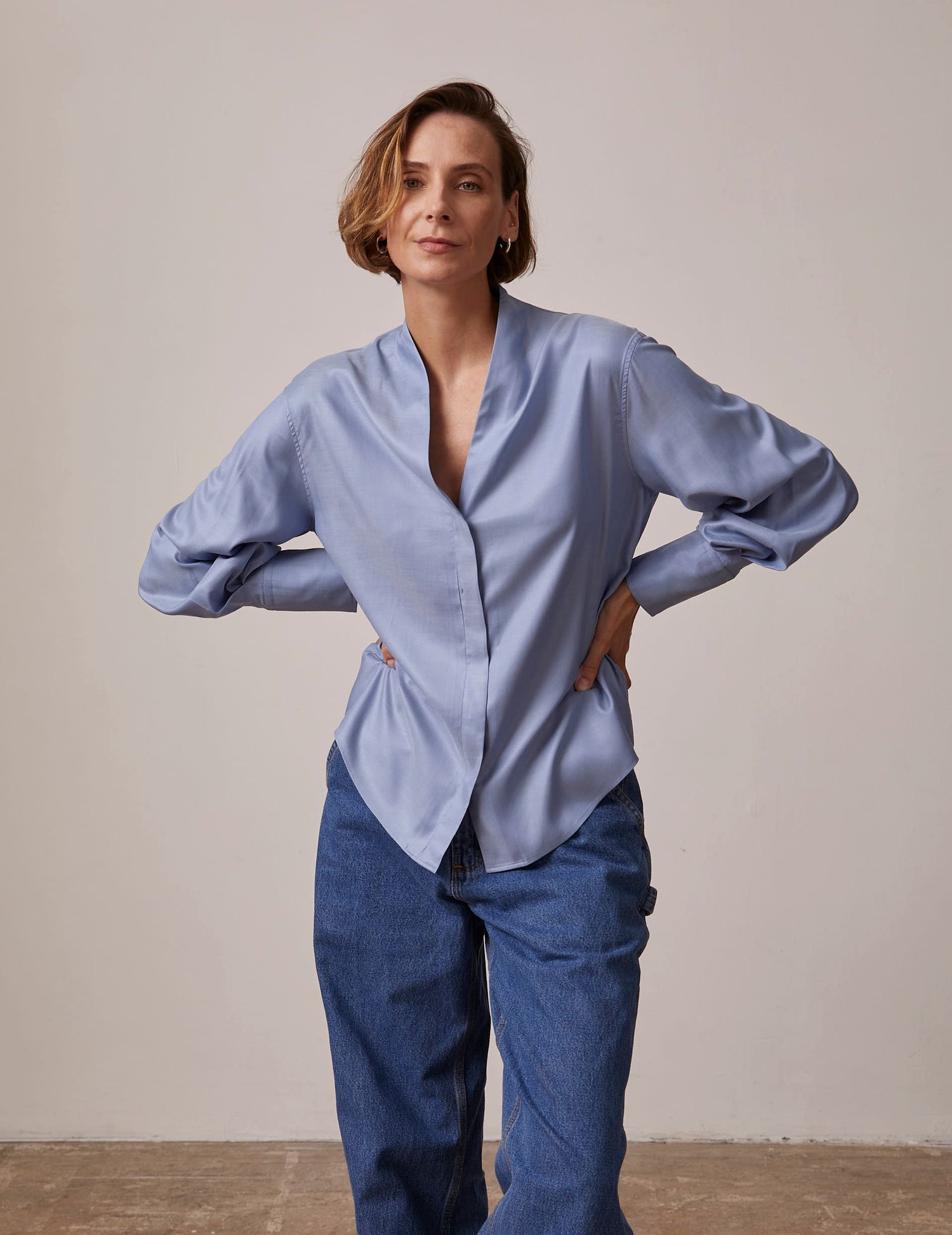 Ilena Hidden button placket blue shirt - Lyocell - Rising shawl Collar#3