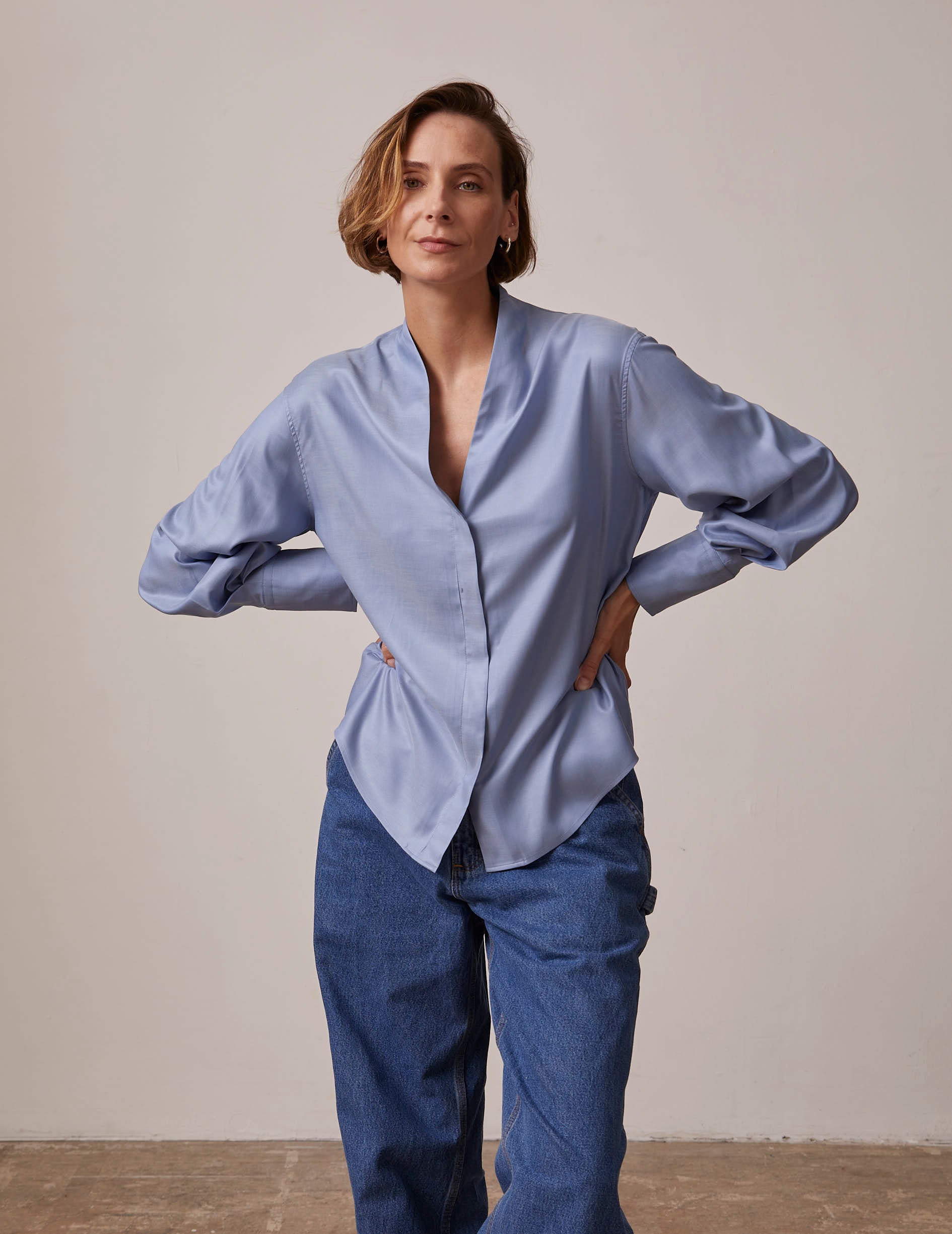 Ilena Hidden button placket blue shirt - Lyocell - Rising shawl Collar