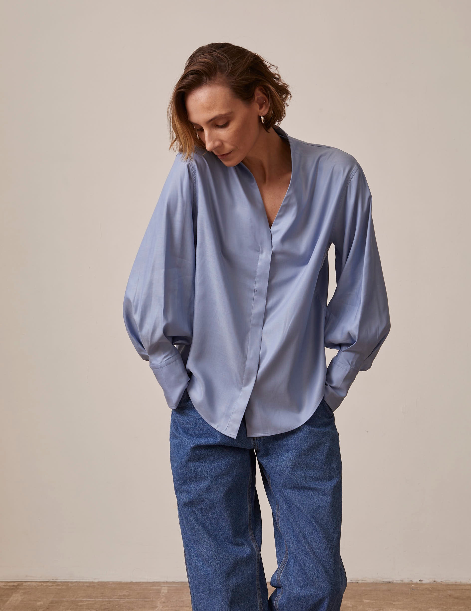 Ilena Hidden button placket blue shirt - Lyocell - Rising shawl Collar