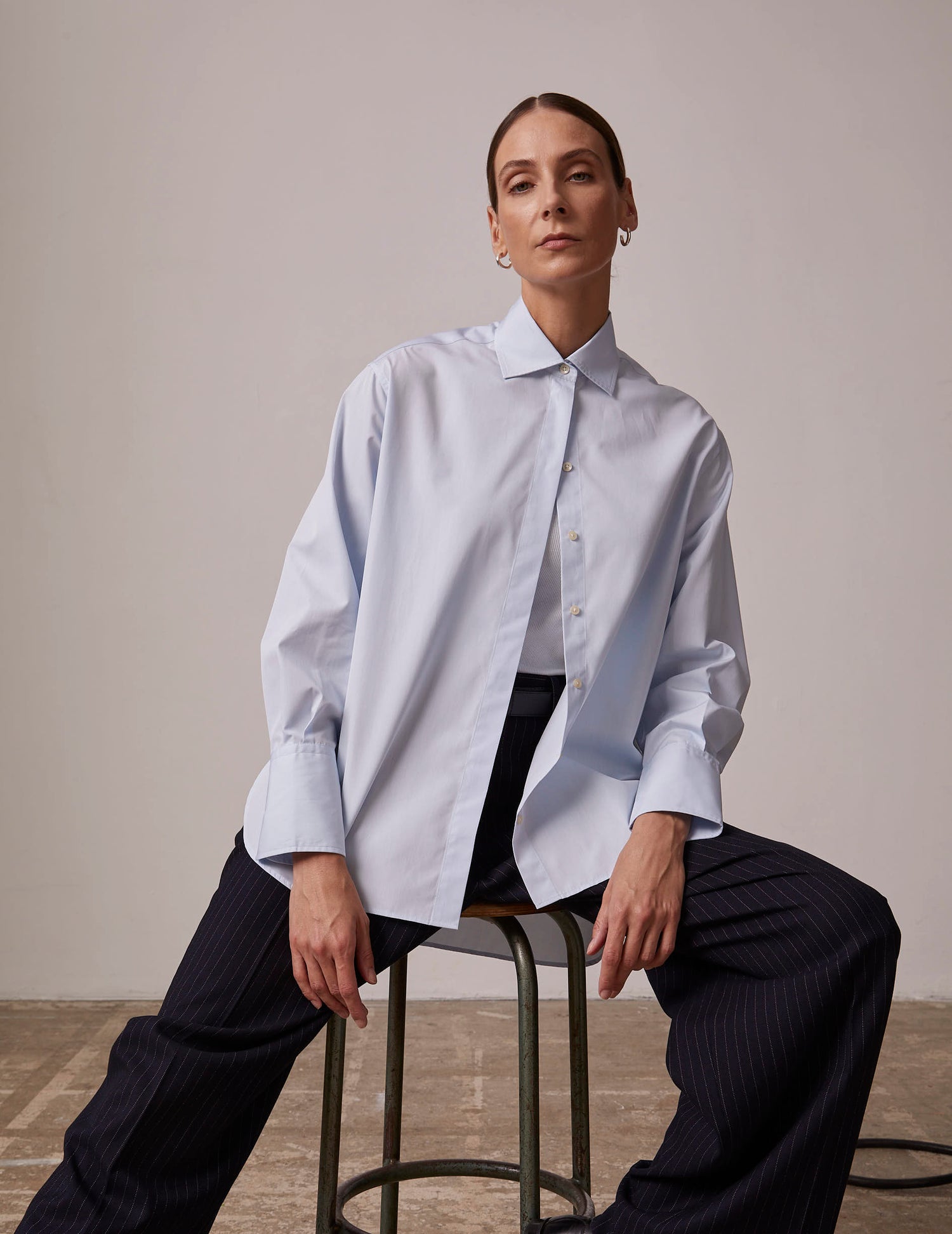 Irene Hidden button placket blue shirt - Poplin - Shirt Collar#3