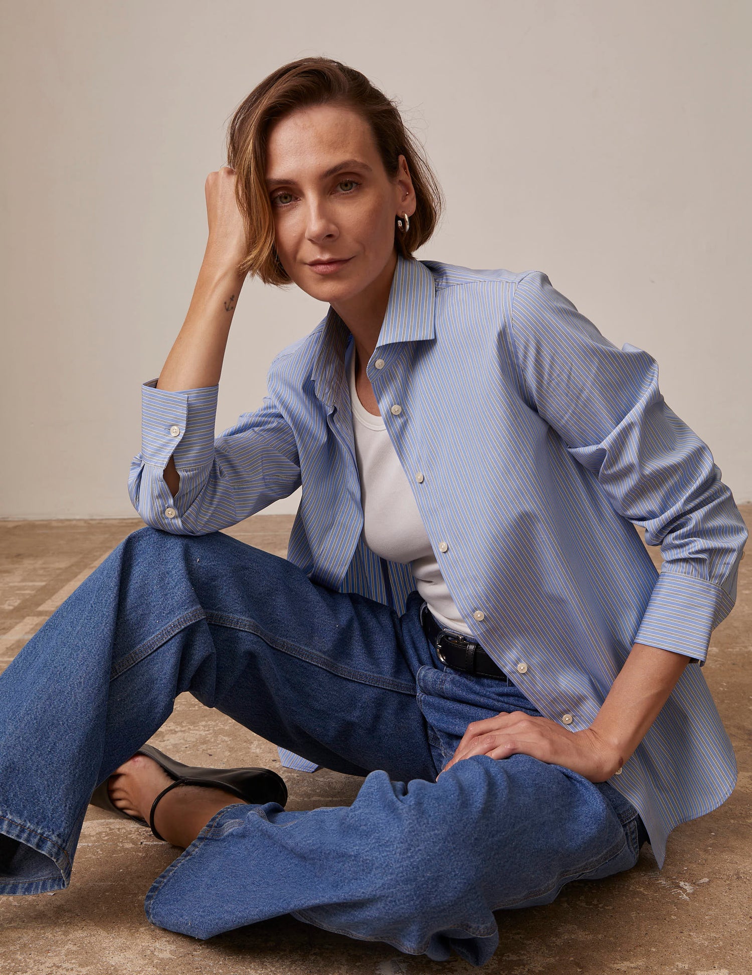 Irina Hidden button placket blue striped shirt - Poplin - Italian Collar