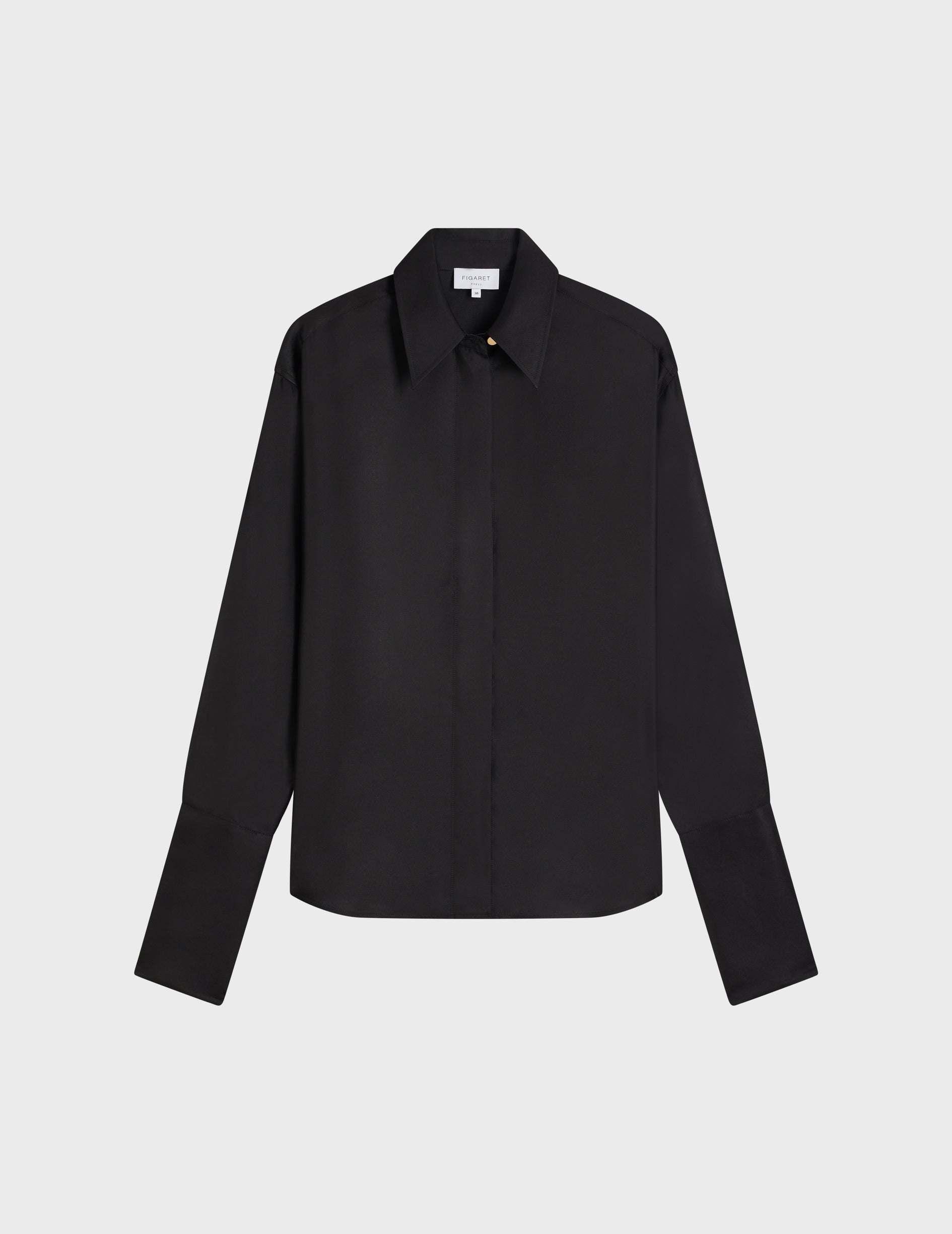 Black Irisa hidden button placket shirt - Soie - Long Collar - Musketeers Cuffs