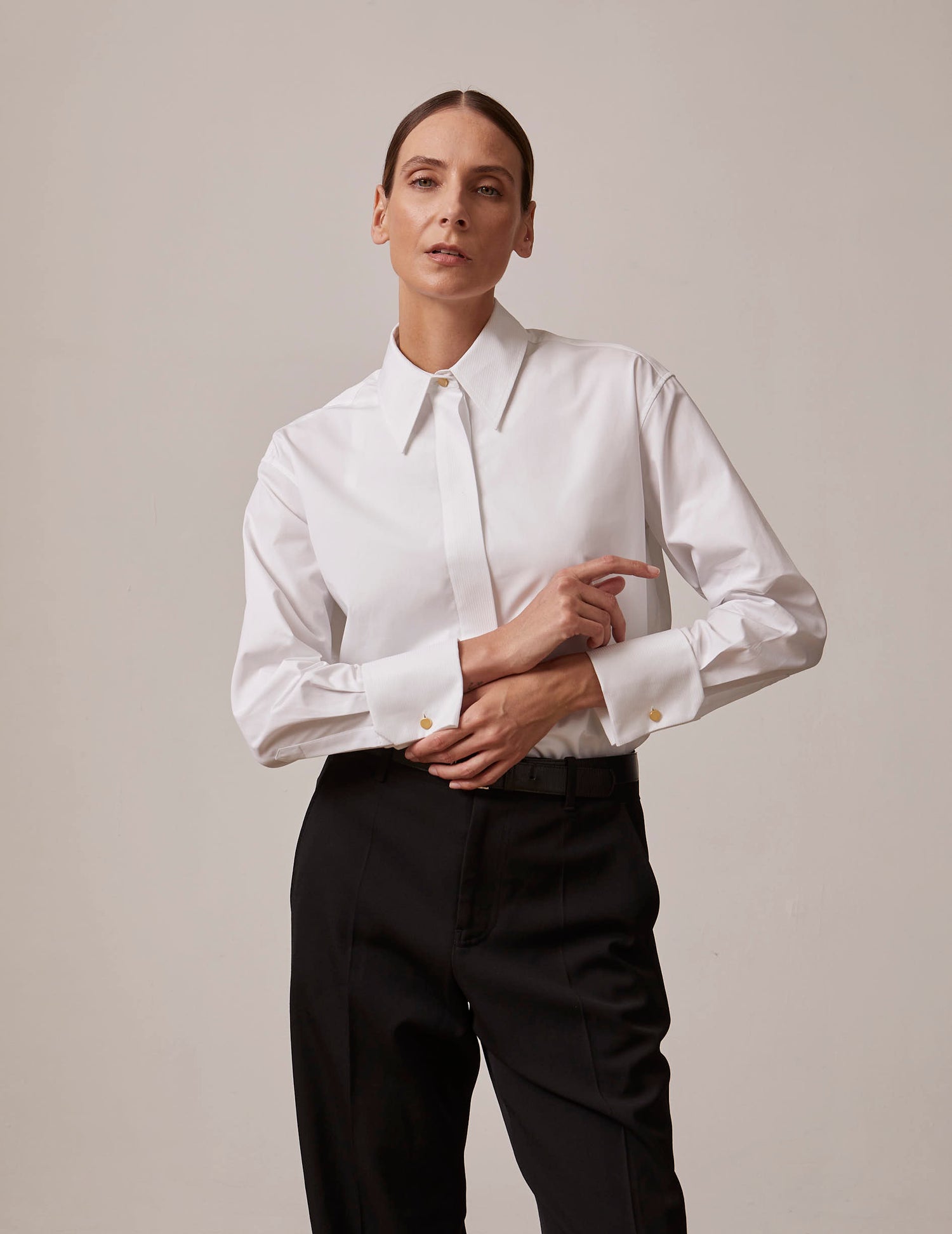 Iris Hidden button placket white shirt - dobby - Long Collar - Musketeers Cuffs#2