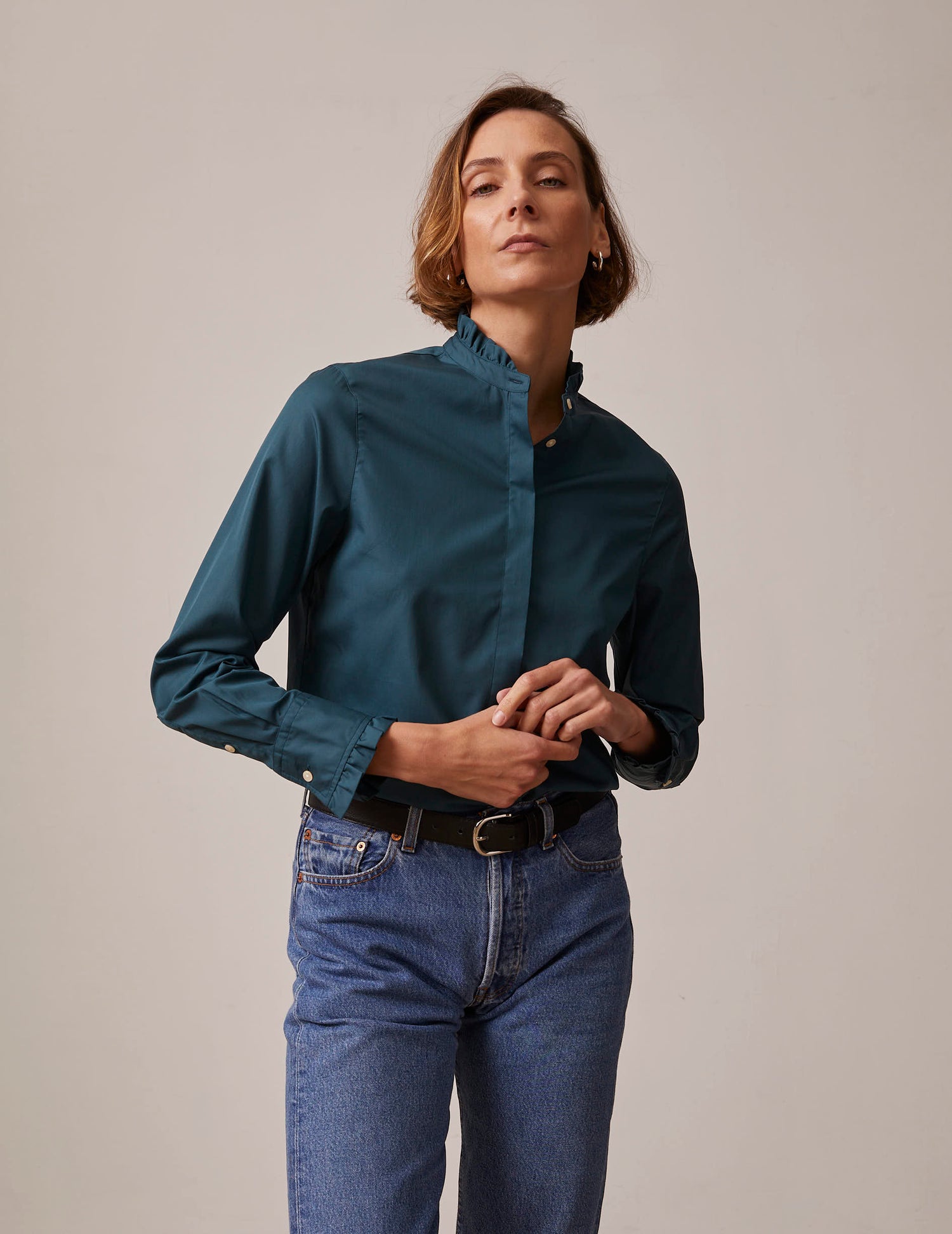 Green Hidden button placket Louison shirt - Poplin - Victorian Collar