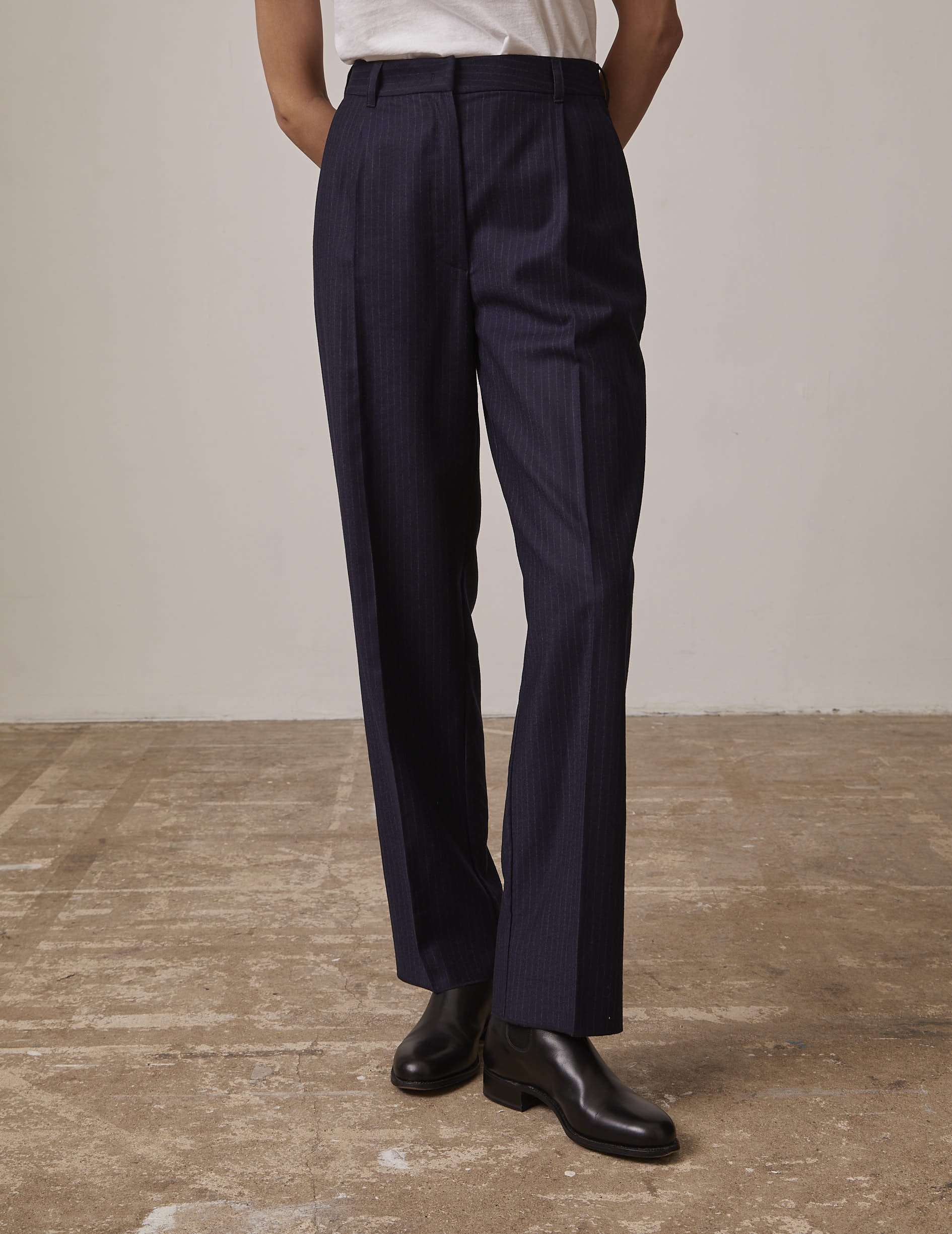 Grazia pants in navy blue striped wool twill