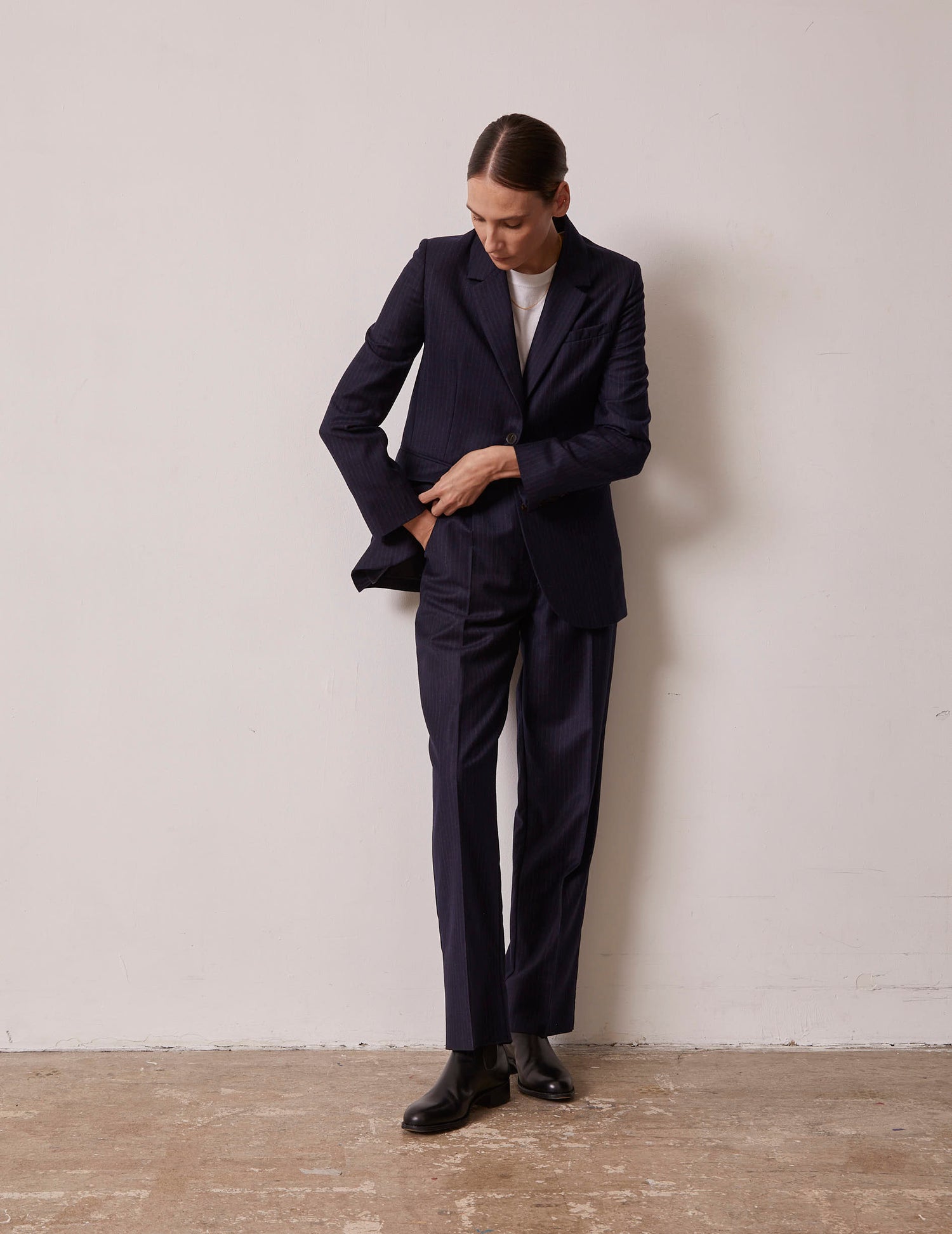 Grazia pants in navy blue striped wool twill