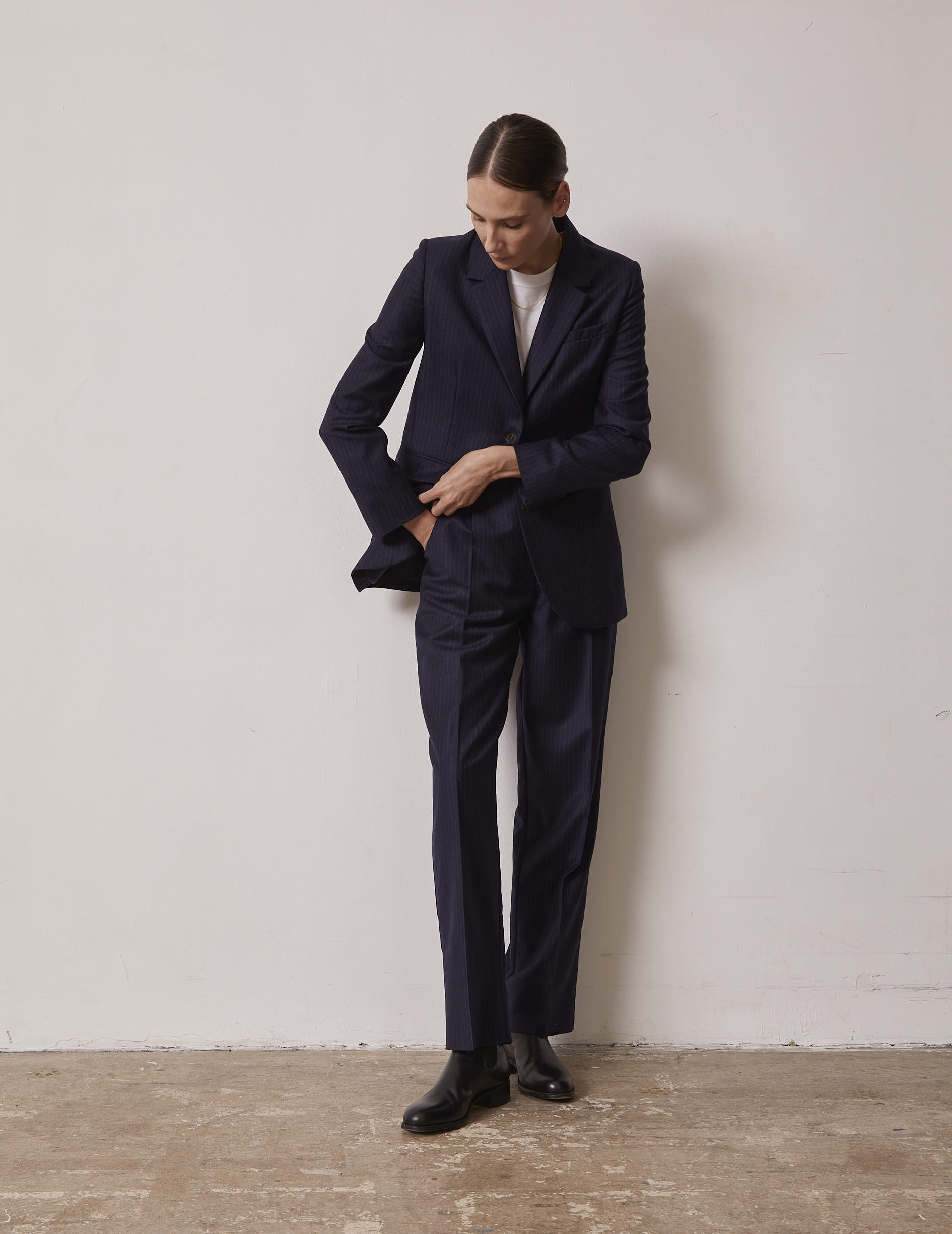 Grazia pants in navy blue striped wool twill