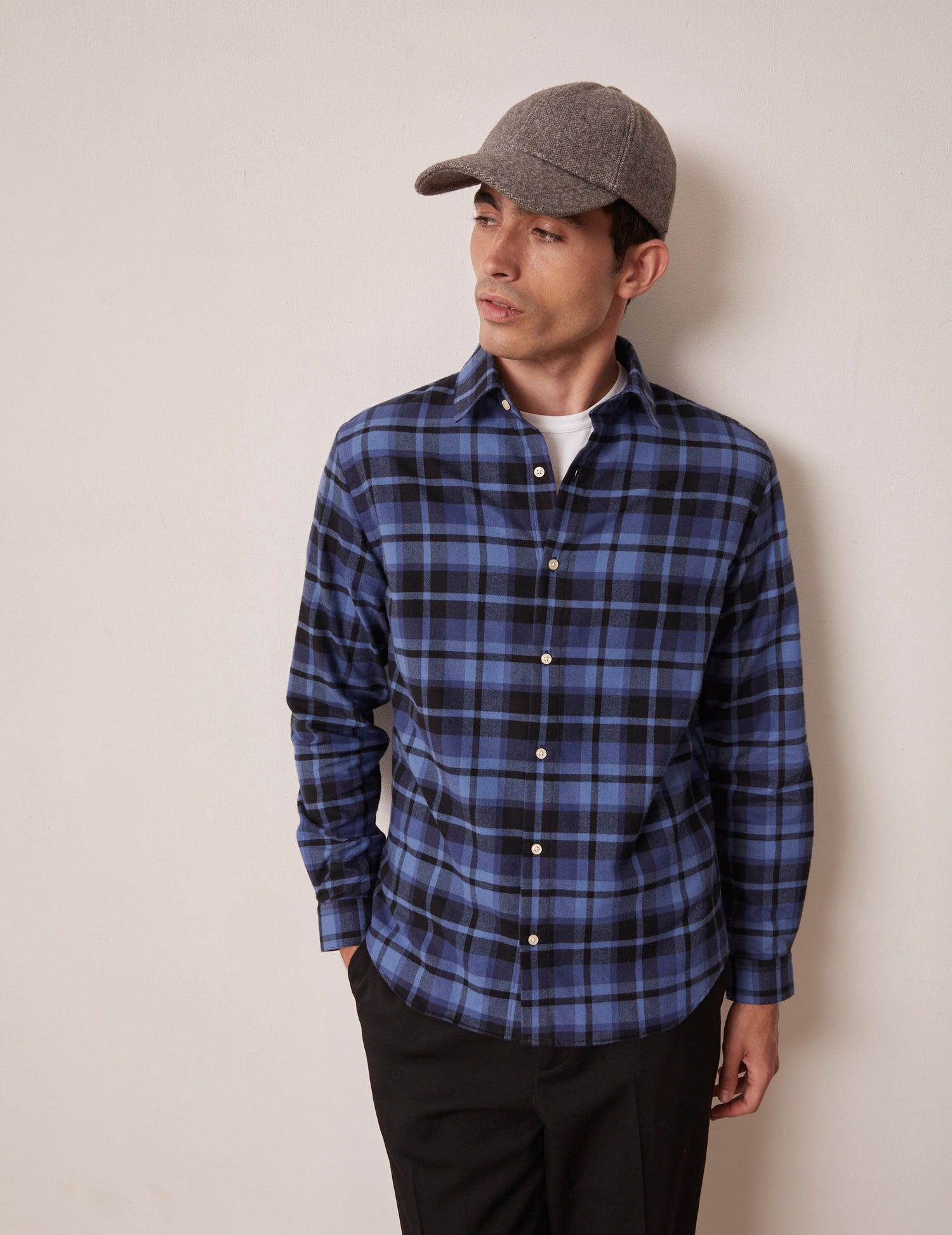 Navy blue checked Auguste shirt - Flannel - French Collar