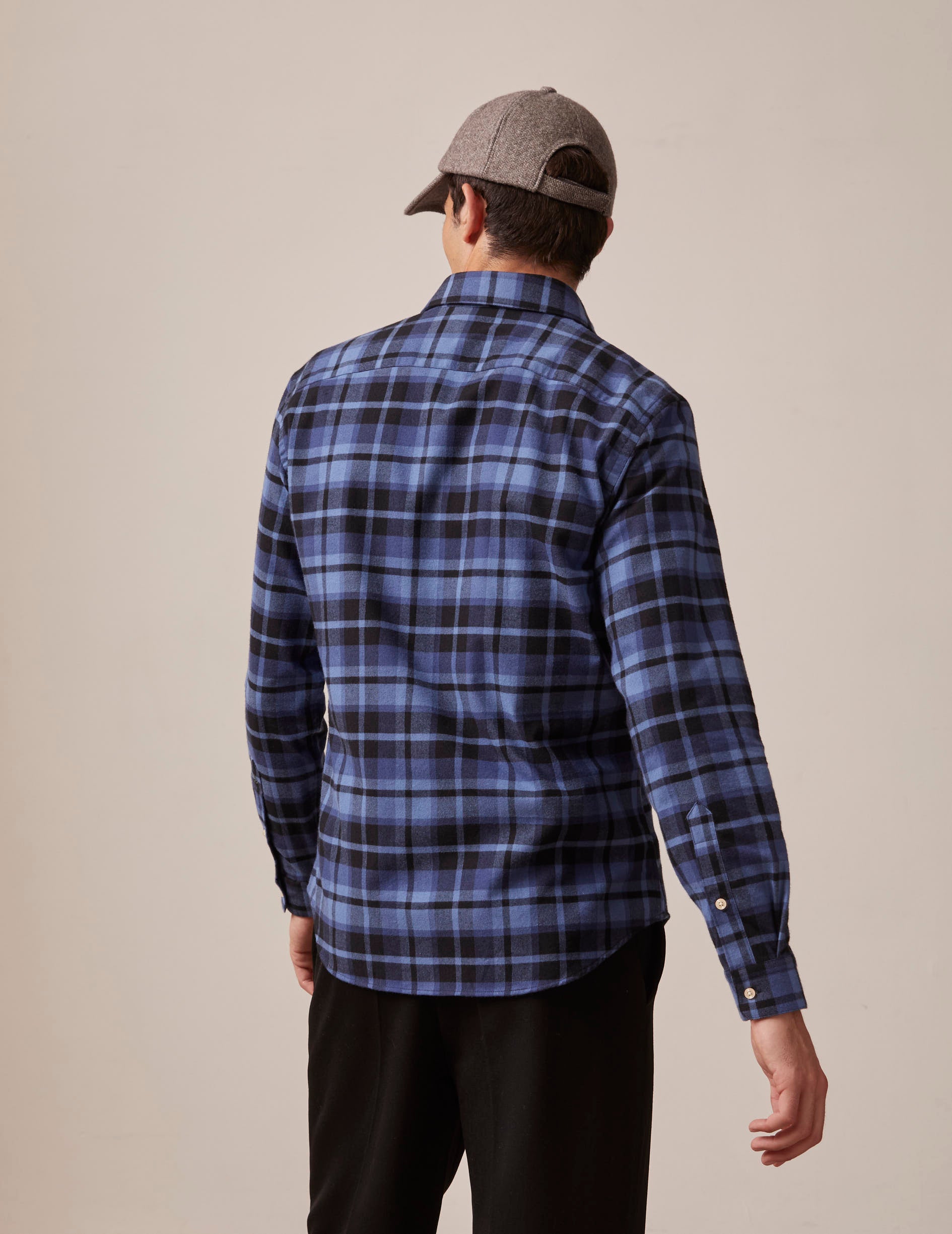 Navy blue checked Auguste shirt - Flannel - French Collar