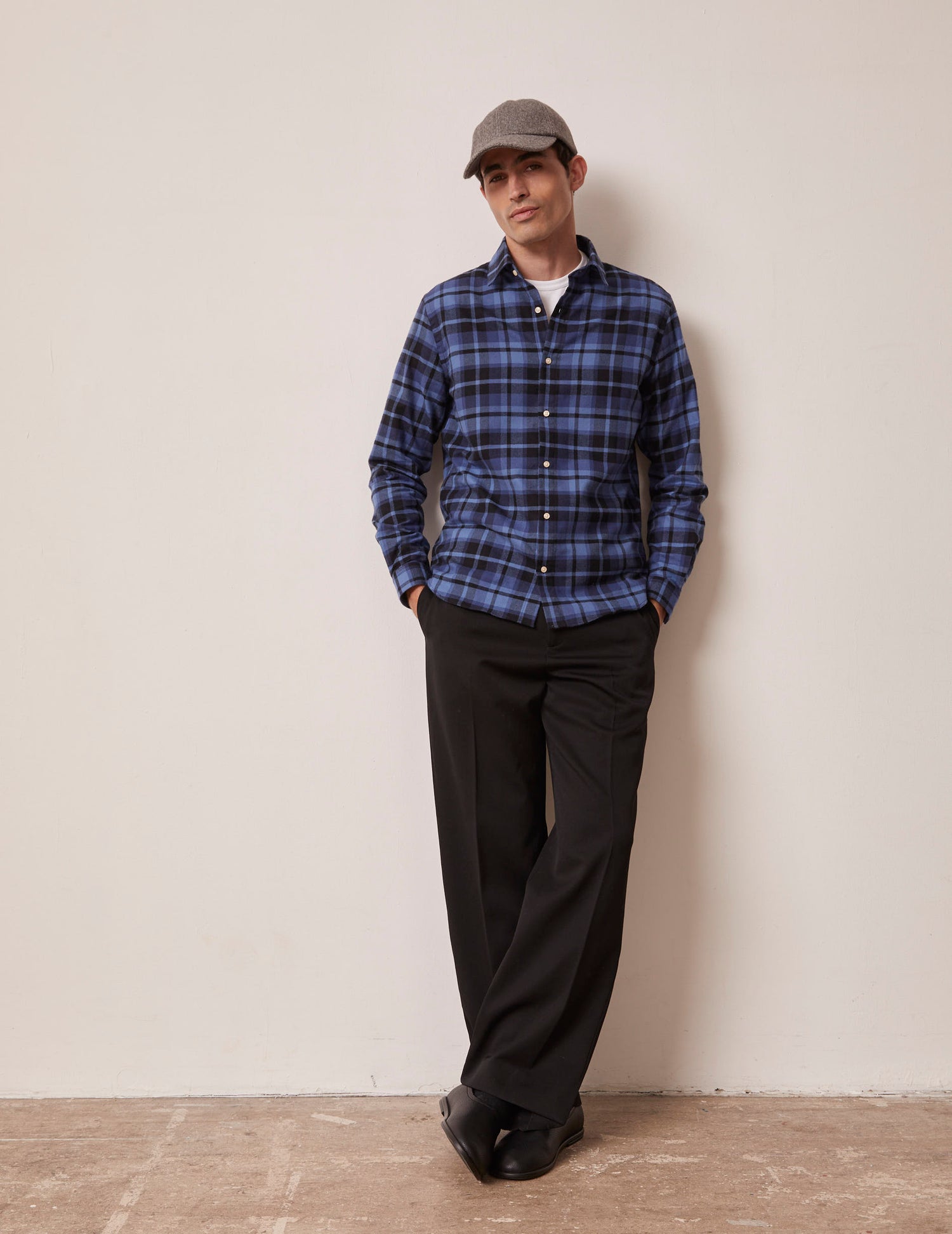 Navy blue checked Auguste shirt - Flannel - French Collar#3