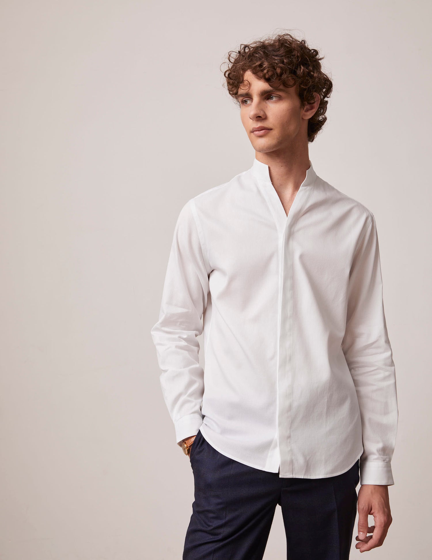 Hidden button placket white Carl shirt - Dobby - Open straight Collar#2