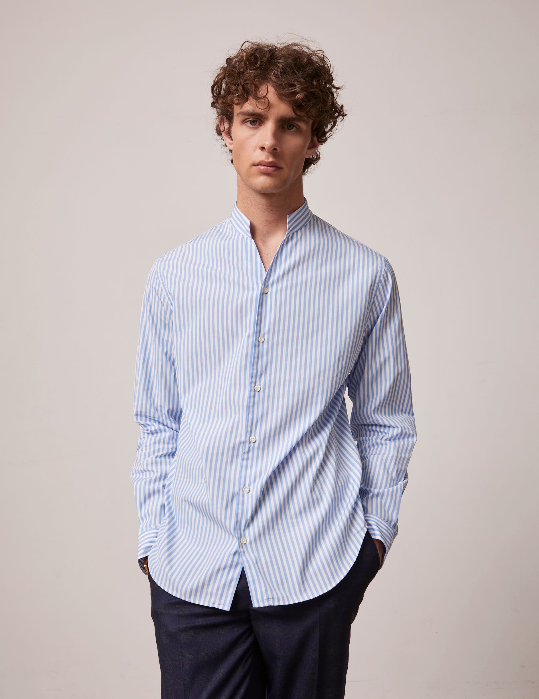 Blue striped Carl shirt - Poplin - Open Straight Collar