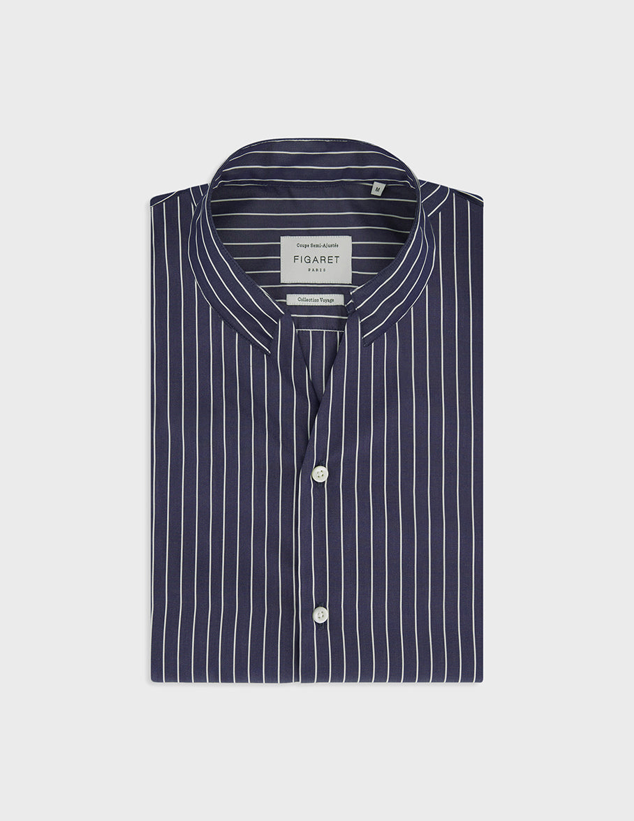 Navy blue striped Carl shirt - Poplin - Droit ouvert Collar