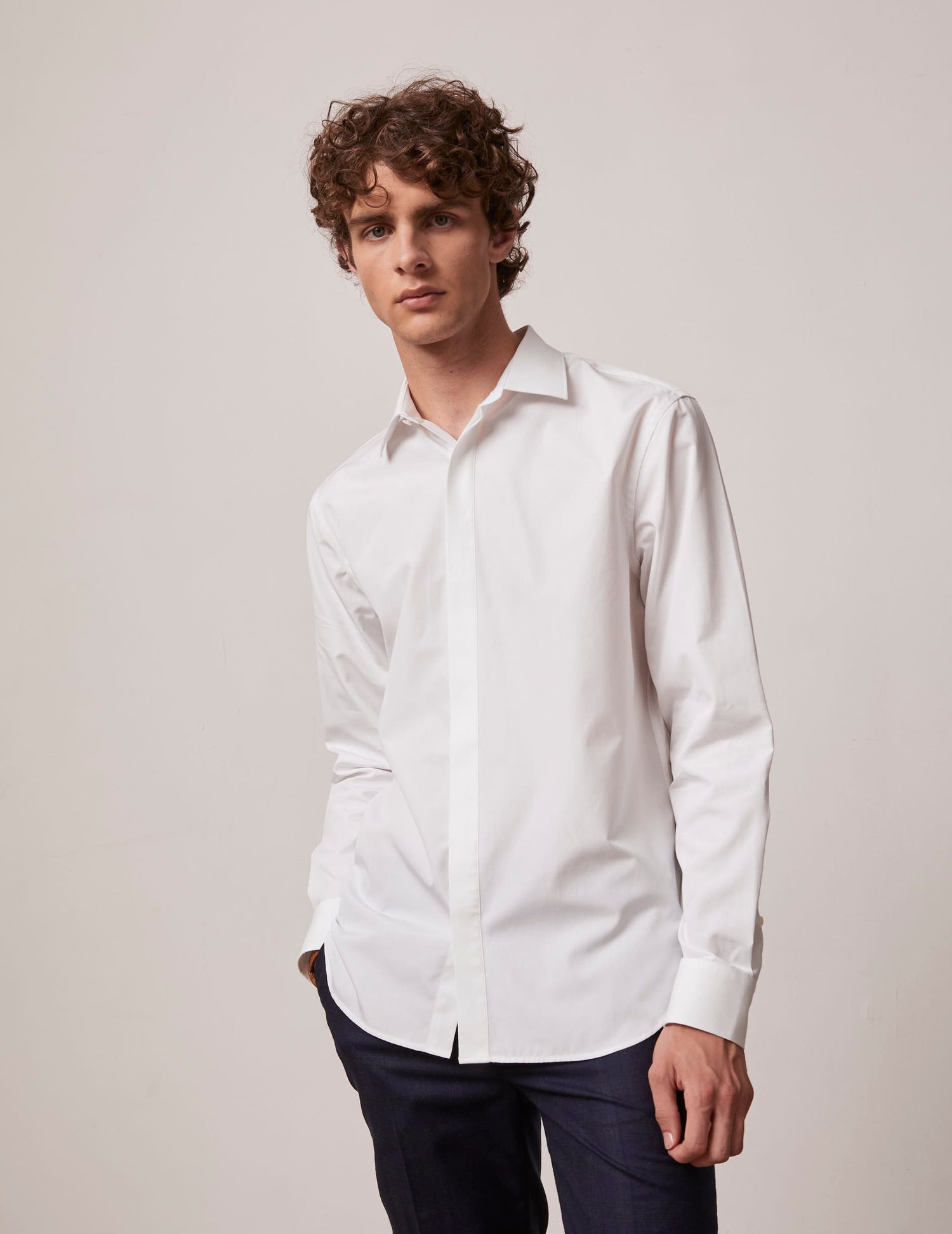 semi-fitted White hidden button placket shirt  - Poplin - Figaret Collar#3