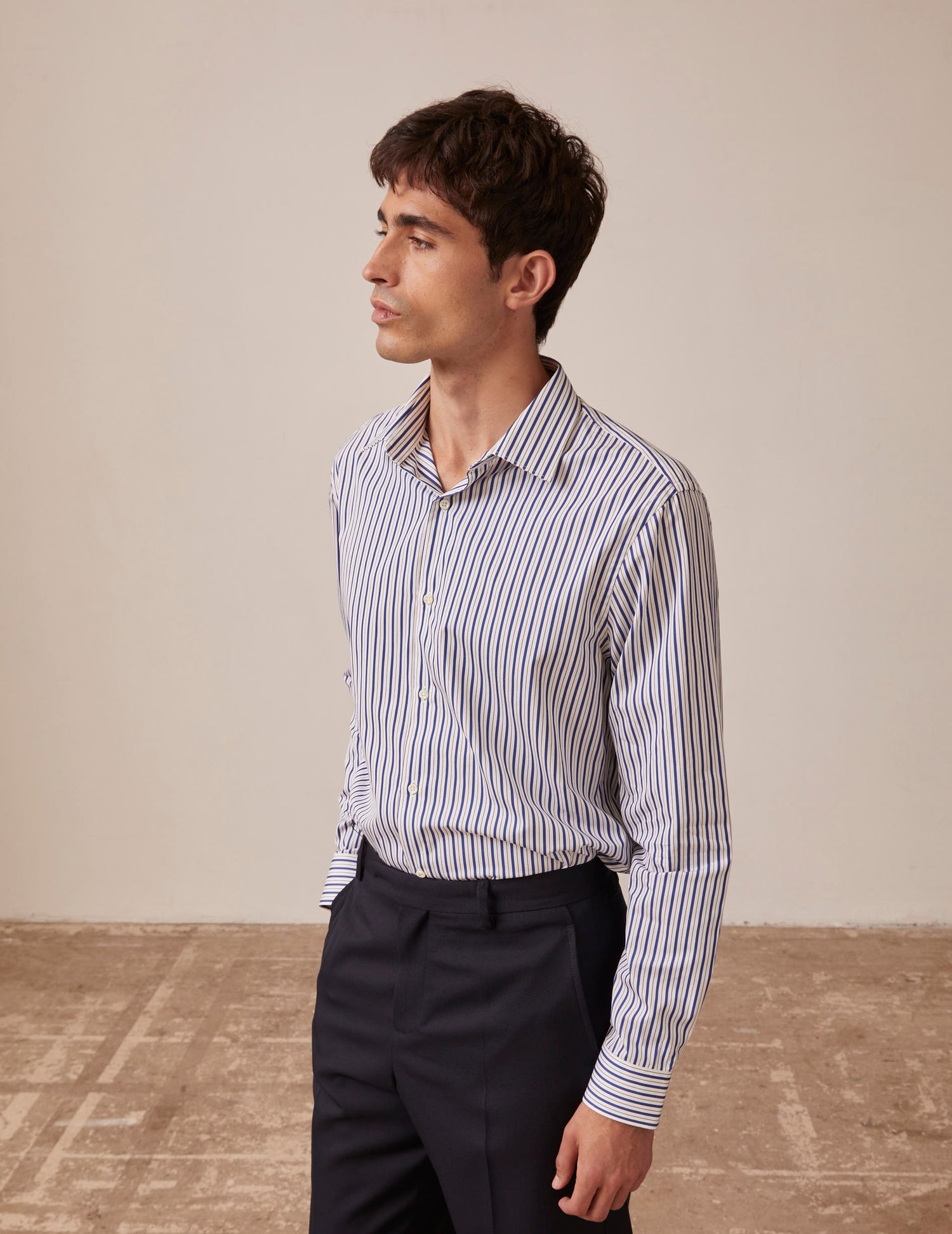 Navy blue striped semi-fitted shirt - Poplin - Figaret Collar#3