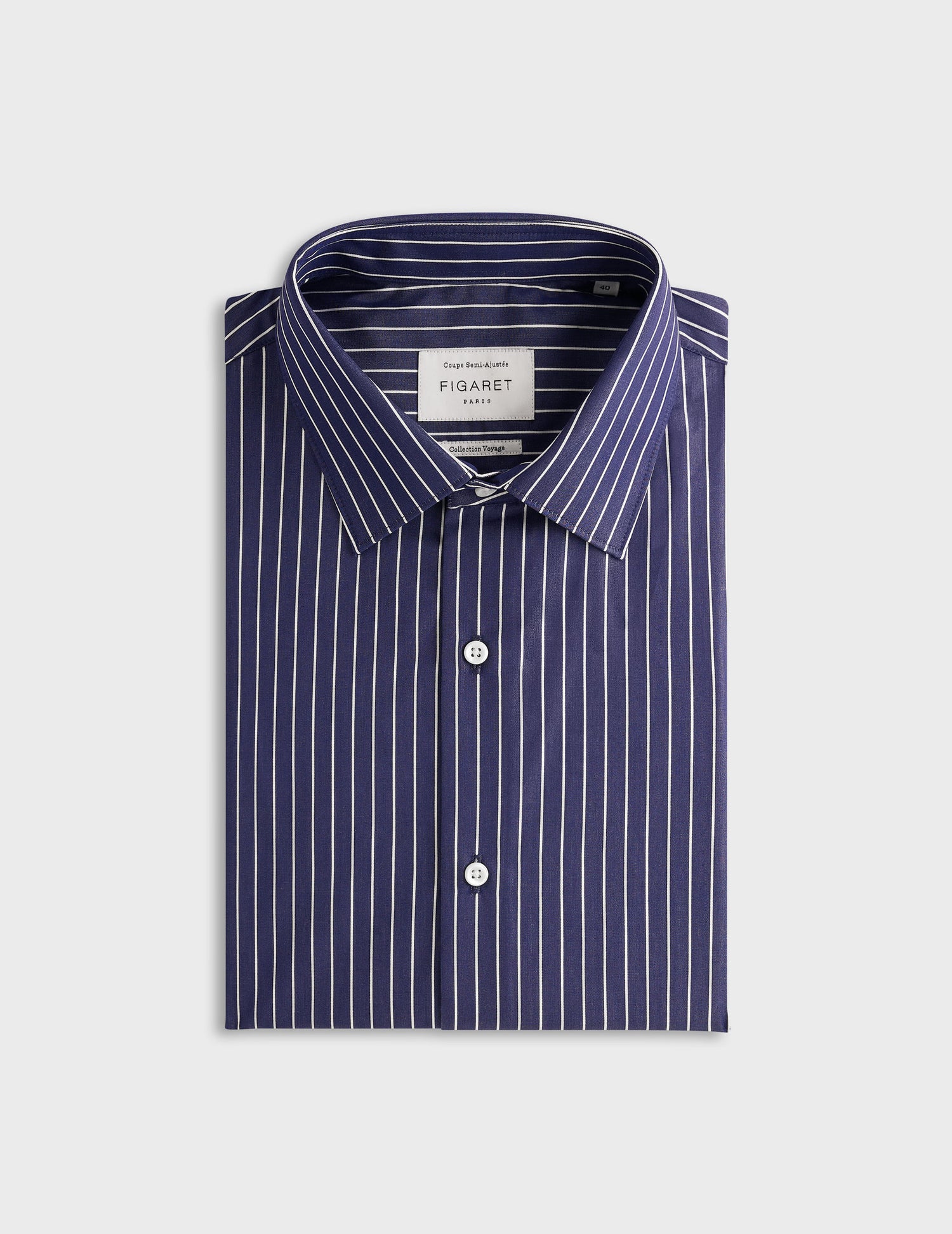 Navy blue striped semi-fitted shirt - Poplin - Figaret Collar