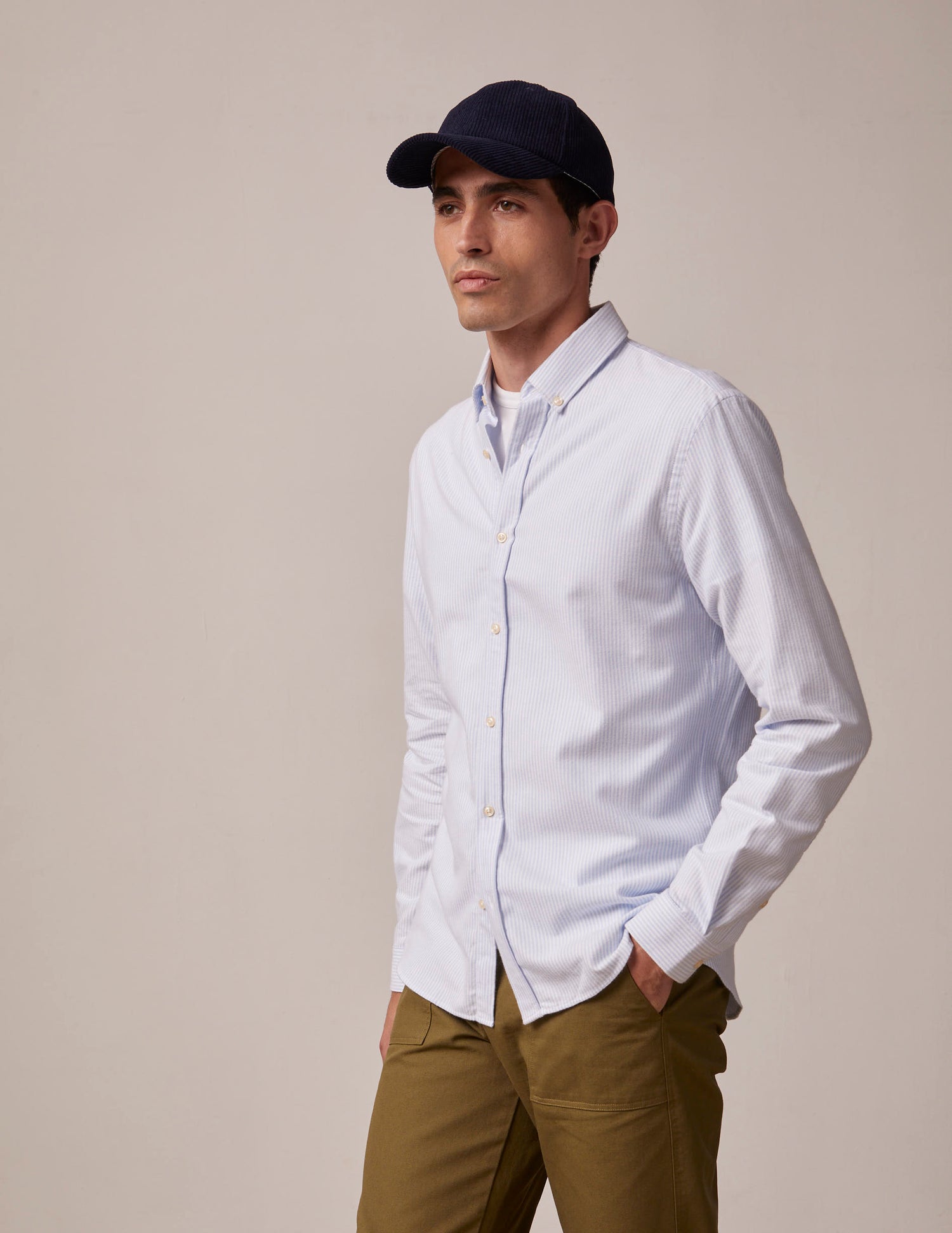 Chemise Gaspard rayée bleue - Oxford gratté - Col Américain