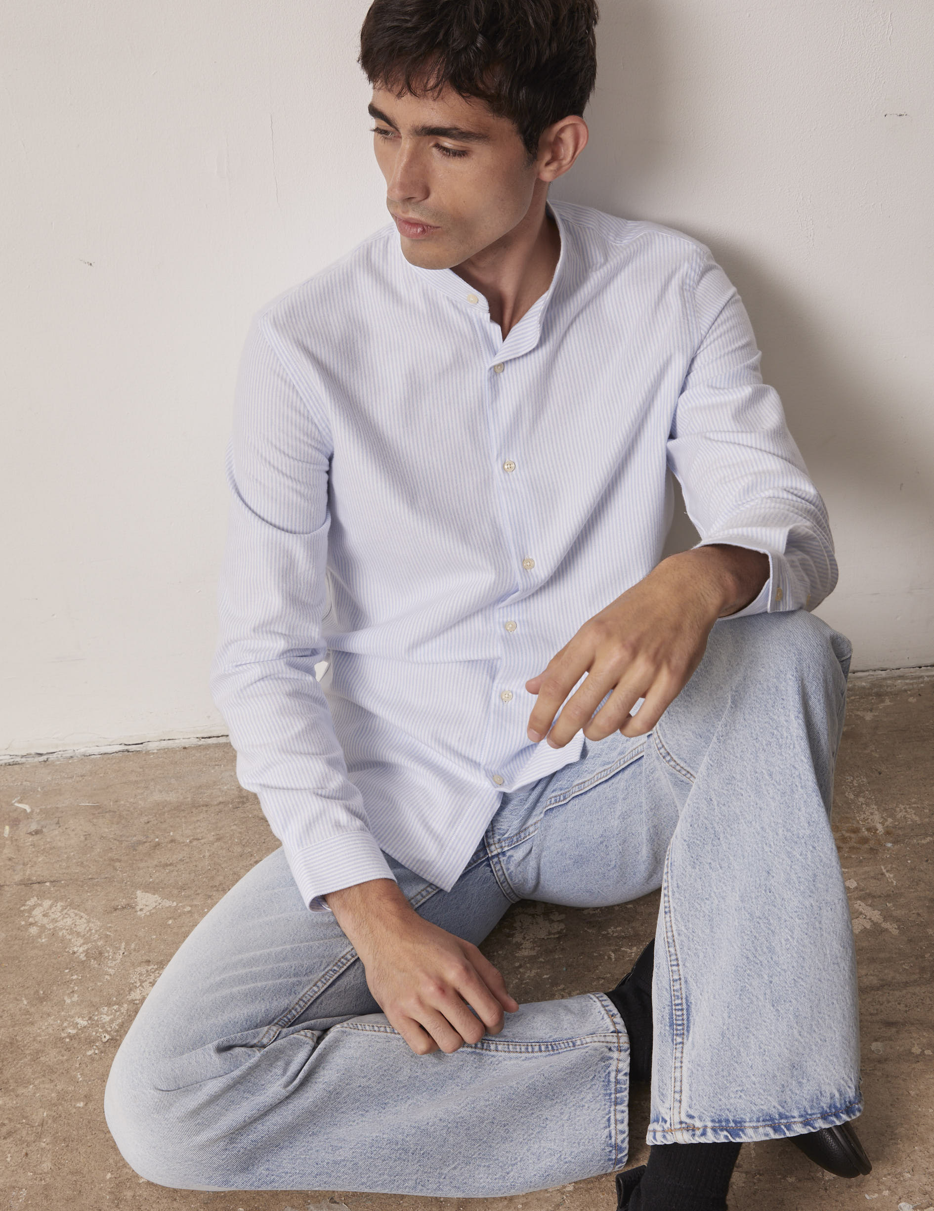 Blue striped Herwin shirt - Brushed oxford - Officer Collar