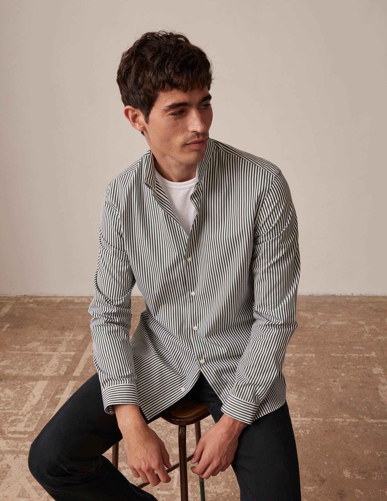 Green striped semi-fitted shirt - Poplin - Reverse Collar#4