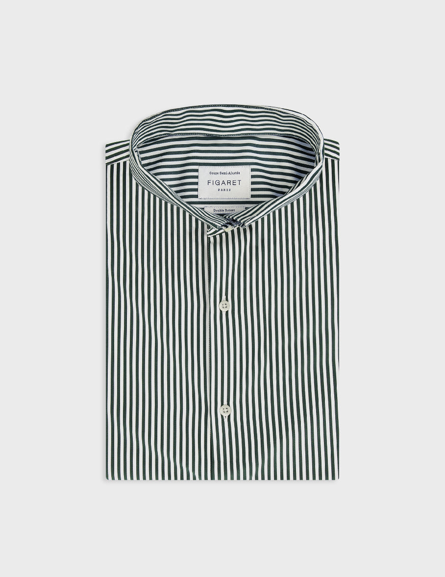 Green striped semi-fitted shirt - Poplin - Reverse Collar