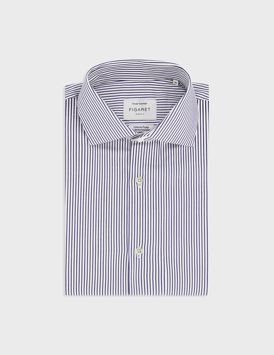 Chemise classique Voyage rayée marine - Popeline - Col Italien