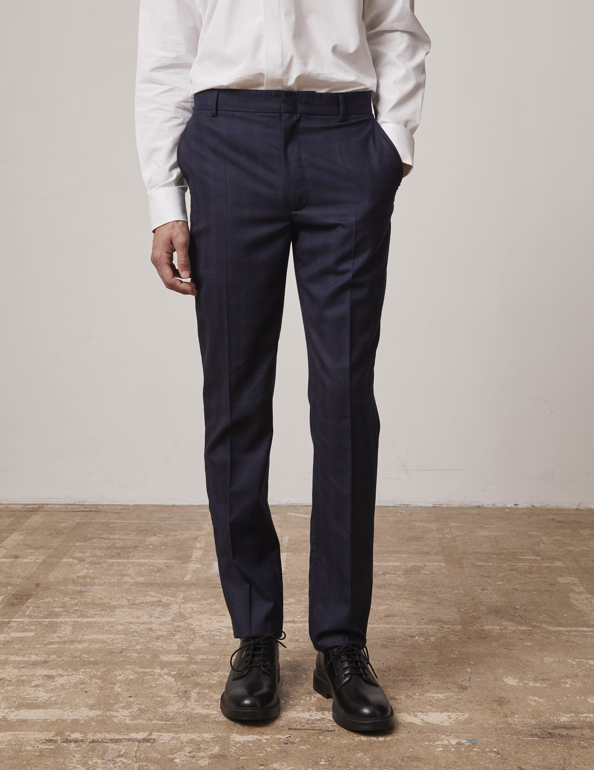 navy blue plaid wool canvas Tailored Greyson pants