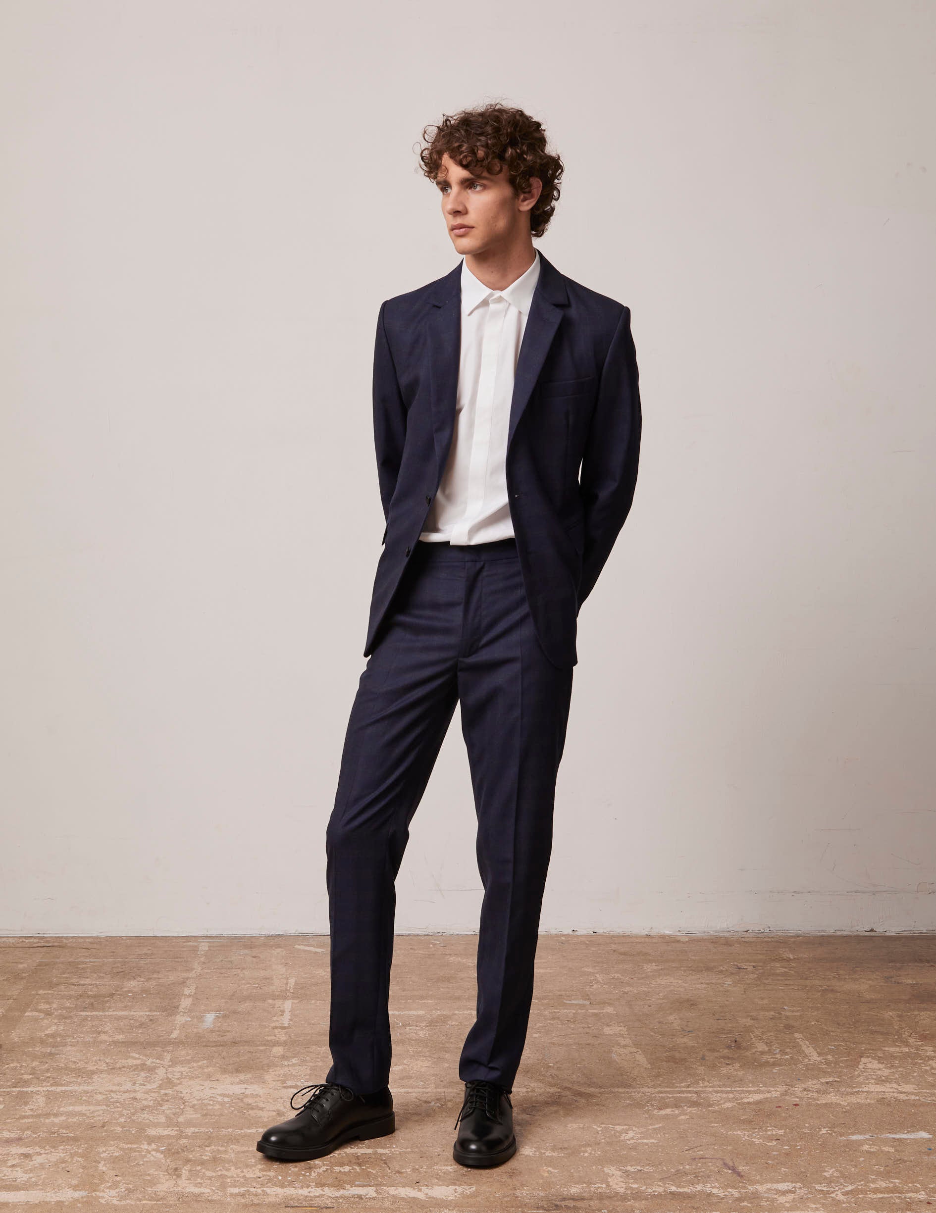 navy blue plaid wool canvas Tailored Greyson pants