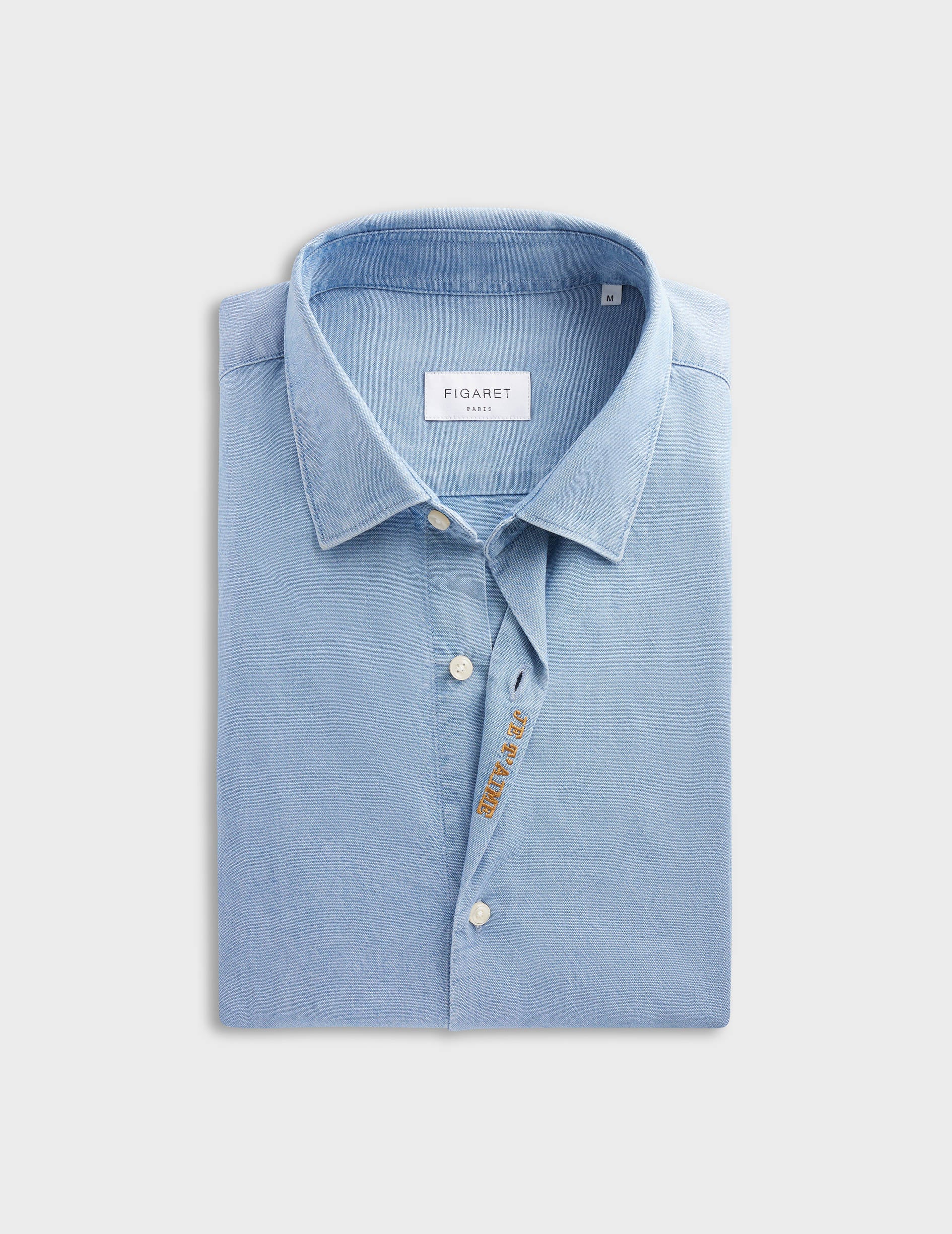 Chemise mixte "Je t'aime" bleu clair - Chambray - Col Figaret